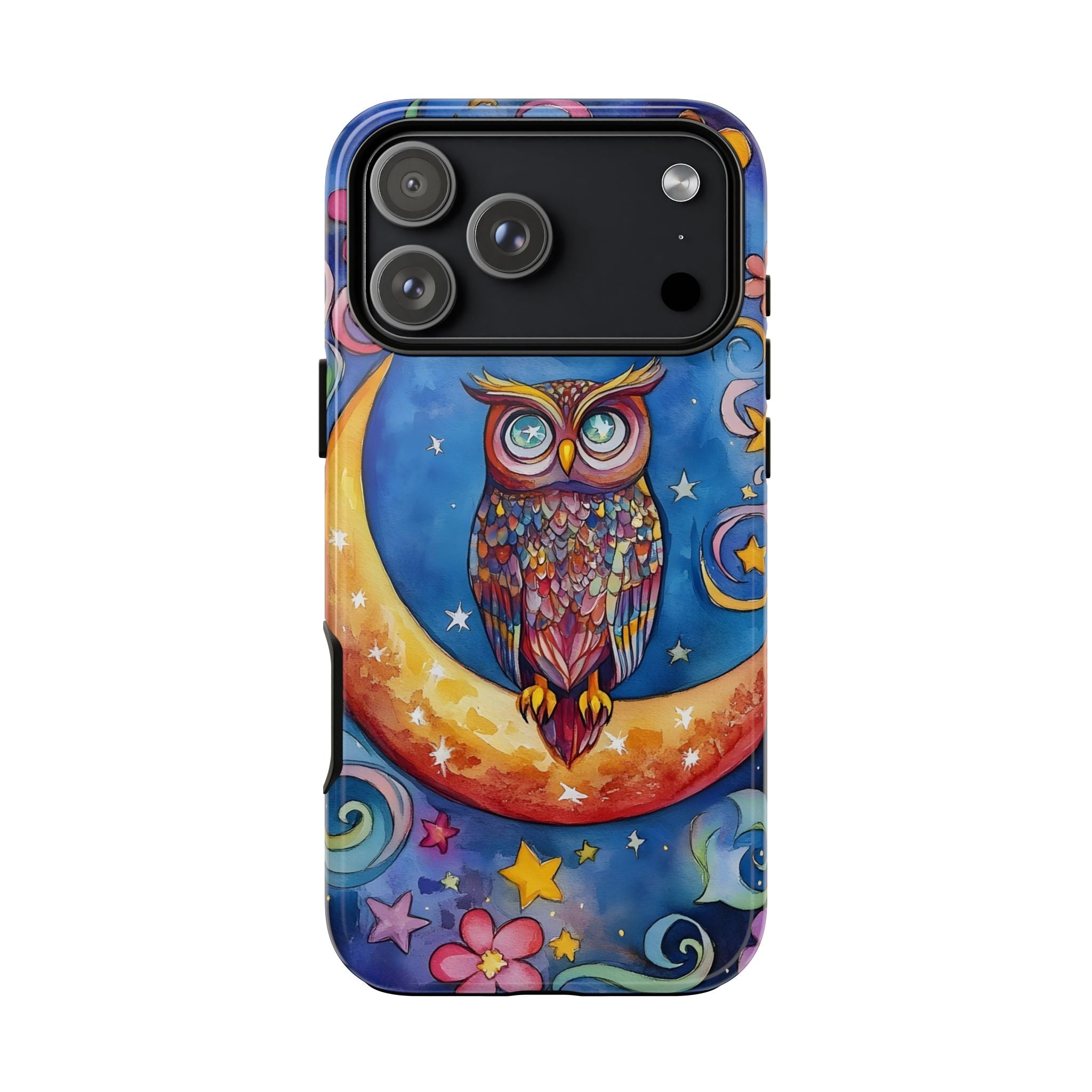Owl on Crescent Moon iPhone Case — Colourful Whimsical Night Sky Design