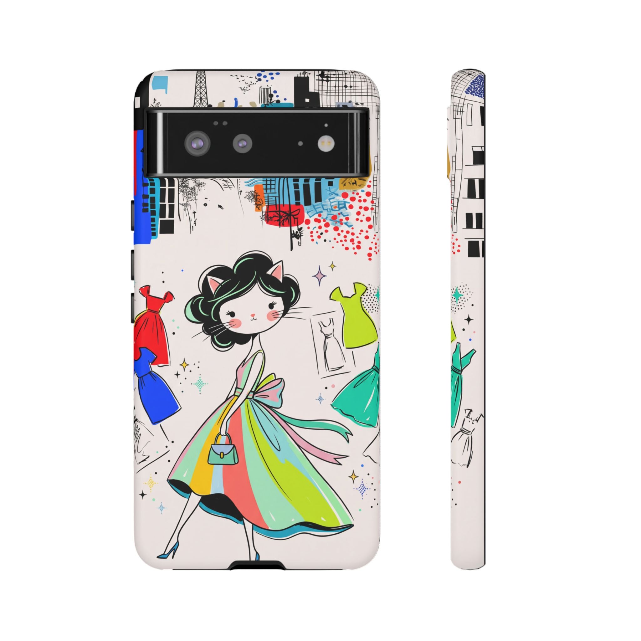 Retro Fashion Cat Girl Google Pixel Phone Case | Cute Dress & City Print