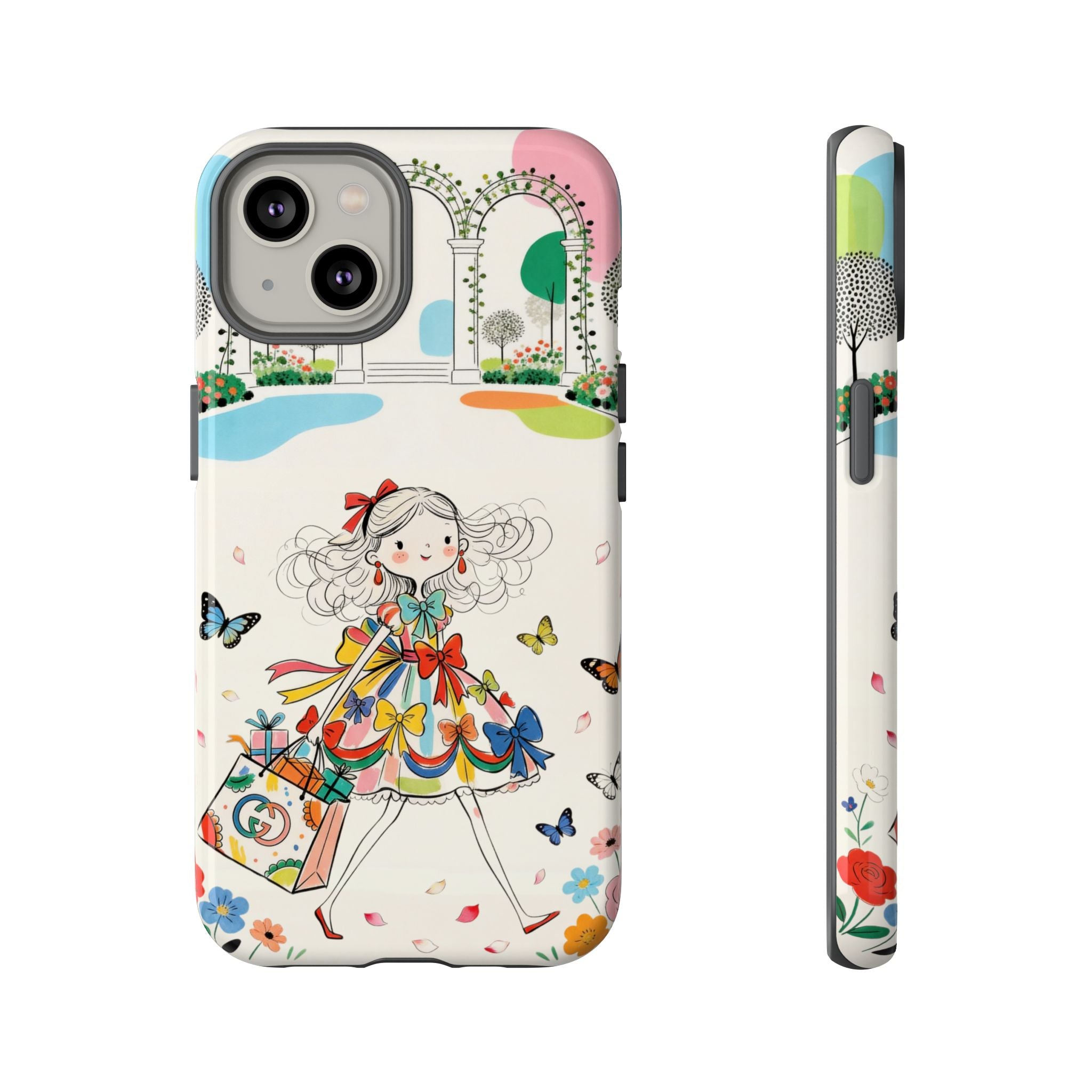 Whimsical Shopping Girl iPhone Case | Cute Floral Butterfly Tough Case