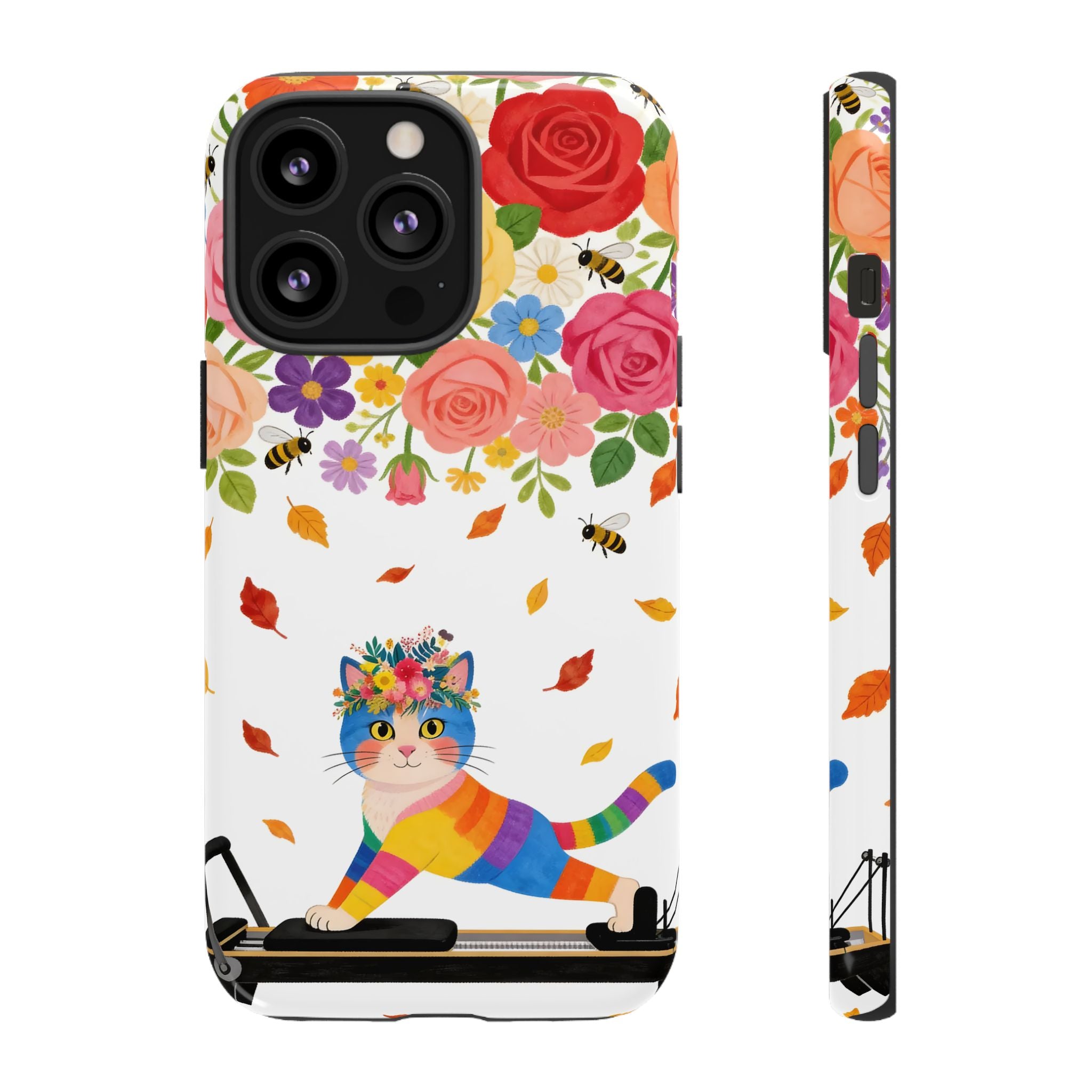 Floral Rainbow Cat Tough iPhone Case — Colorful Pilates Cat Design