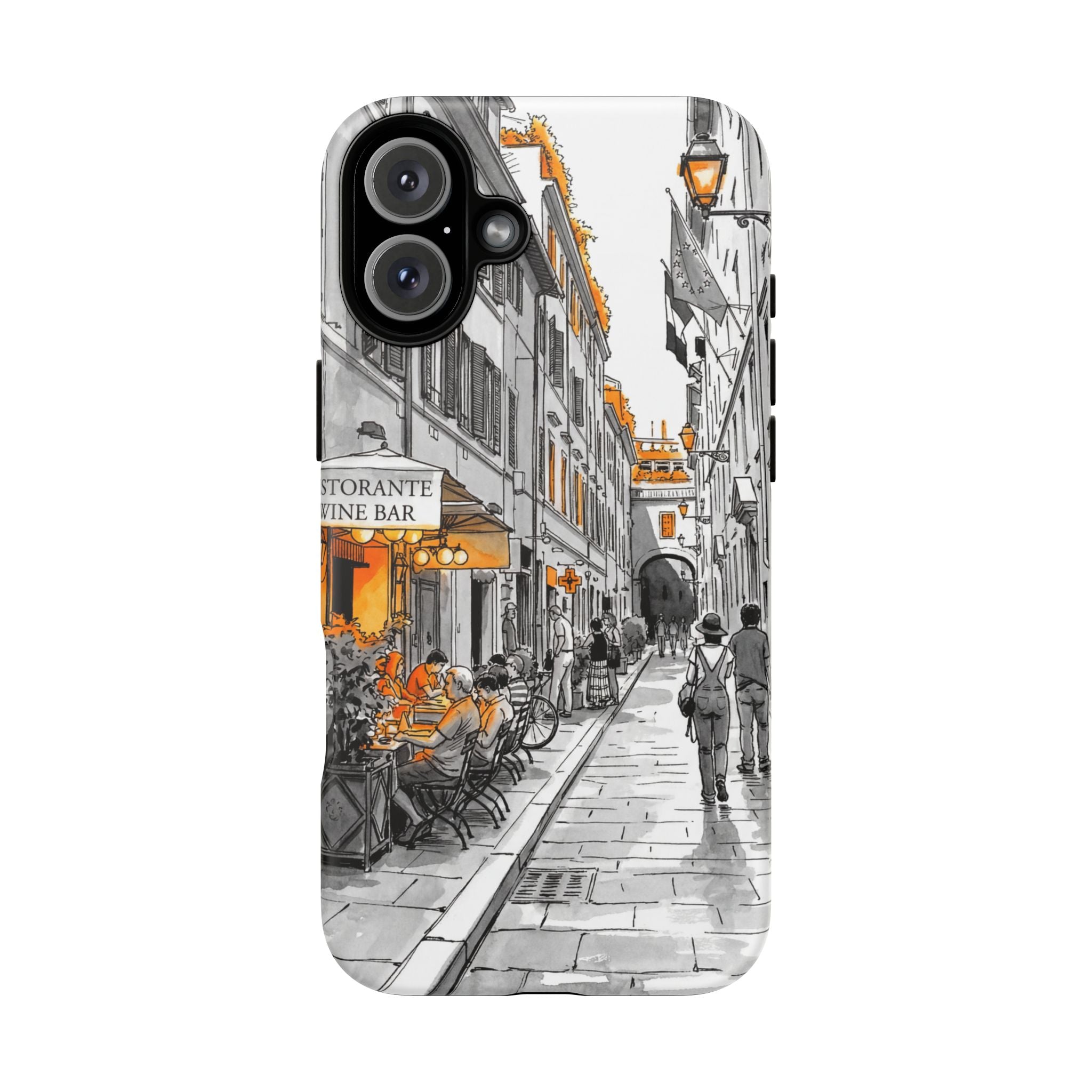 Vintage Italy Street iPhone Case | Black & White Sketch with Orange Accent