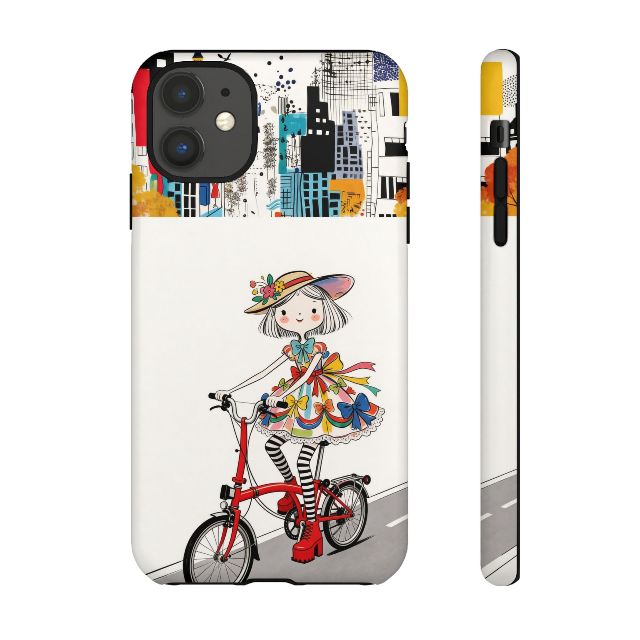 Whimsical Girl on Brompton Bicycle Urban Illustration iPhone Case