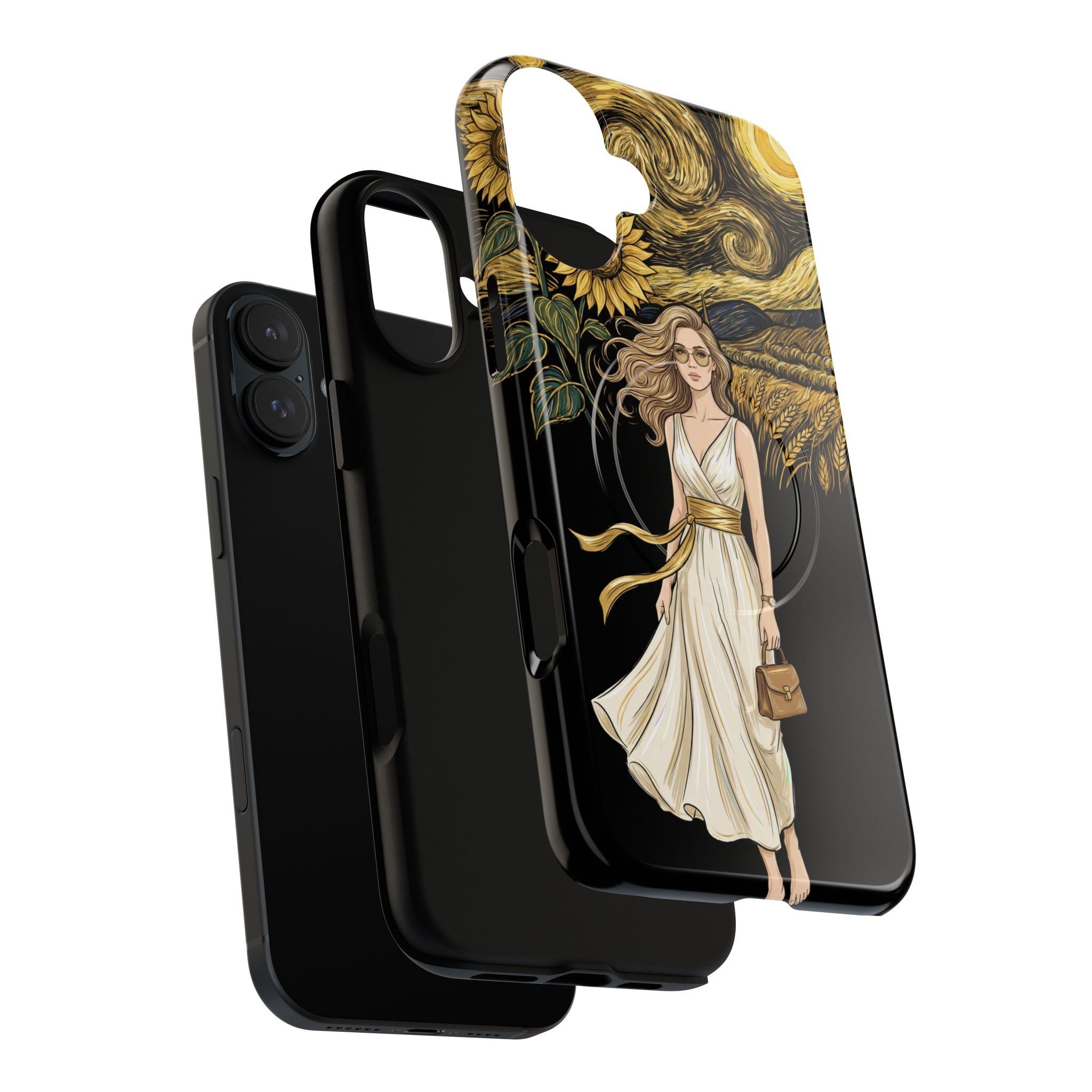 Sunflower Night MagSafe iPhone Case | Woman in Flowing Dress Van Gogh Style
