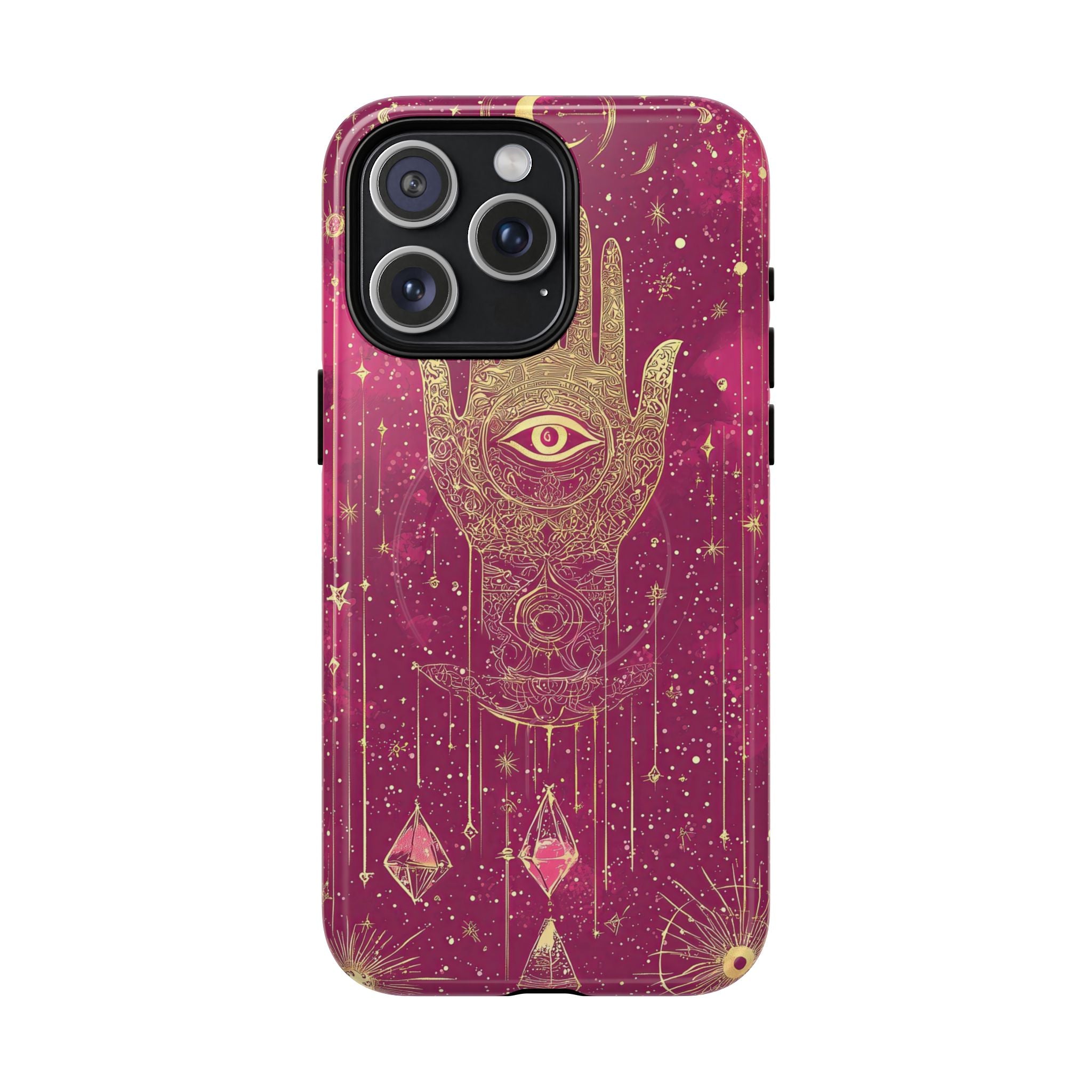 Custodia MagSafe per iPhone Mystic Hamsa | Palma dorata e occhio onniveggente su galassia magenta