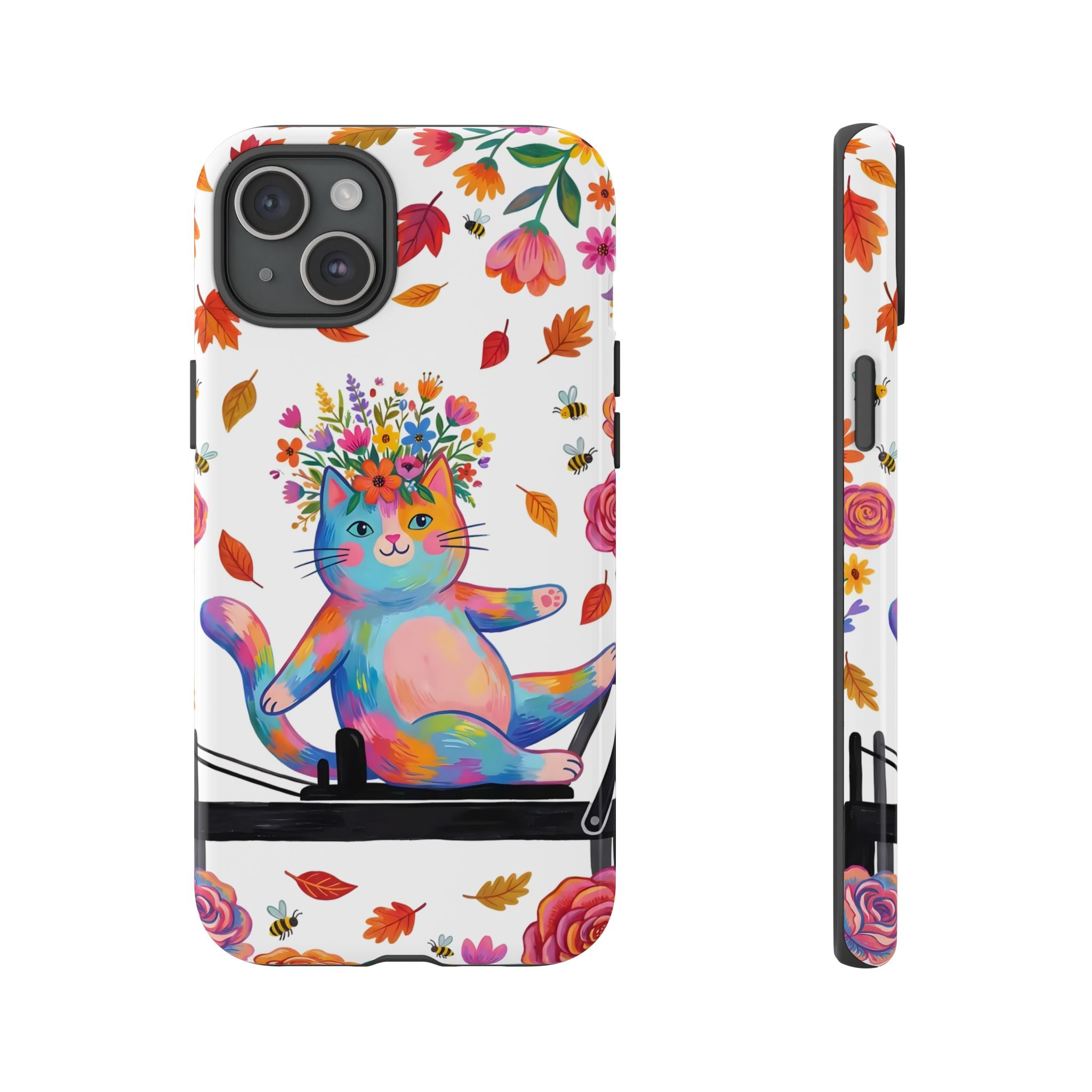 Colorful Floral Cat on Pilates Reformer Protective iPhone Case