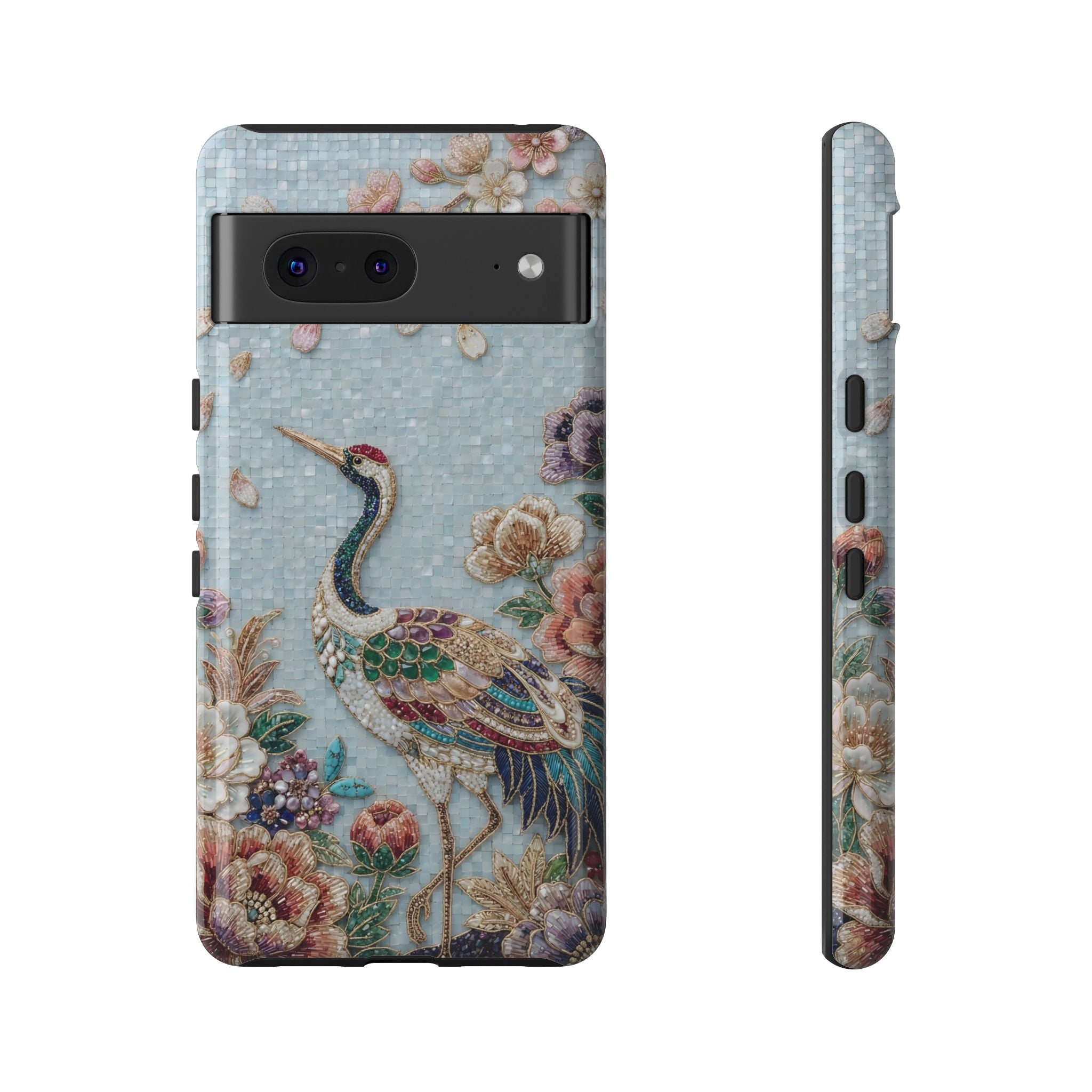 Floral Crane Tough Google Pixel Phone Case | Vintage Embroidered Bird Protection