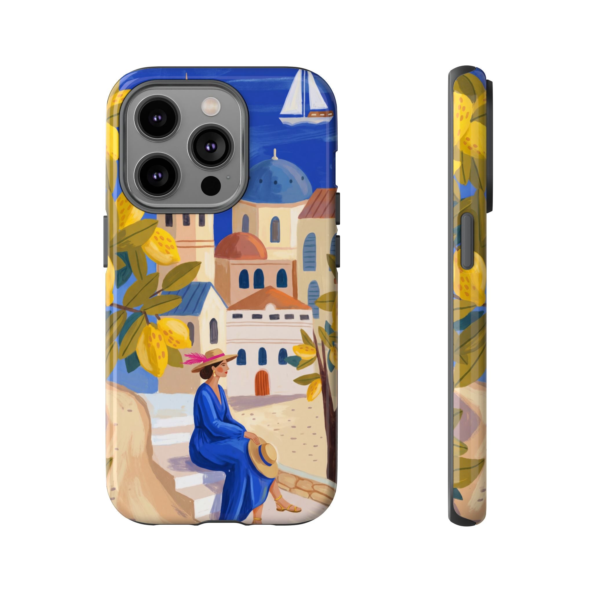 Mediterranean Village iPhone Case | Scenic Sailboat & Lemon Grove Design