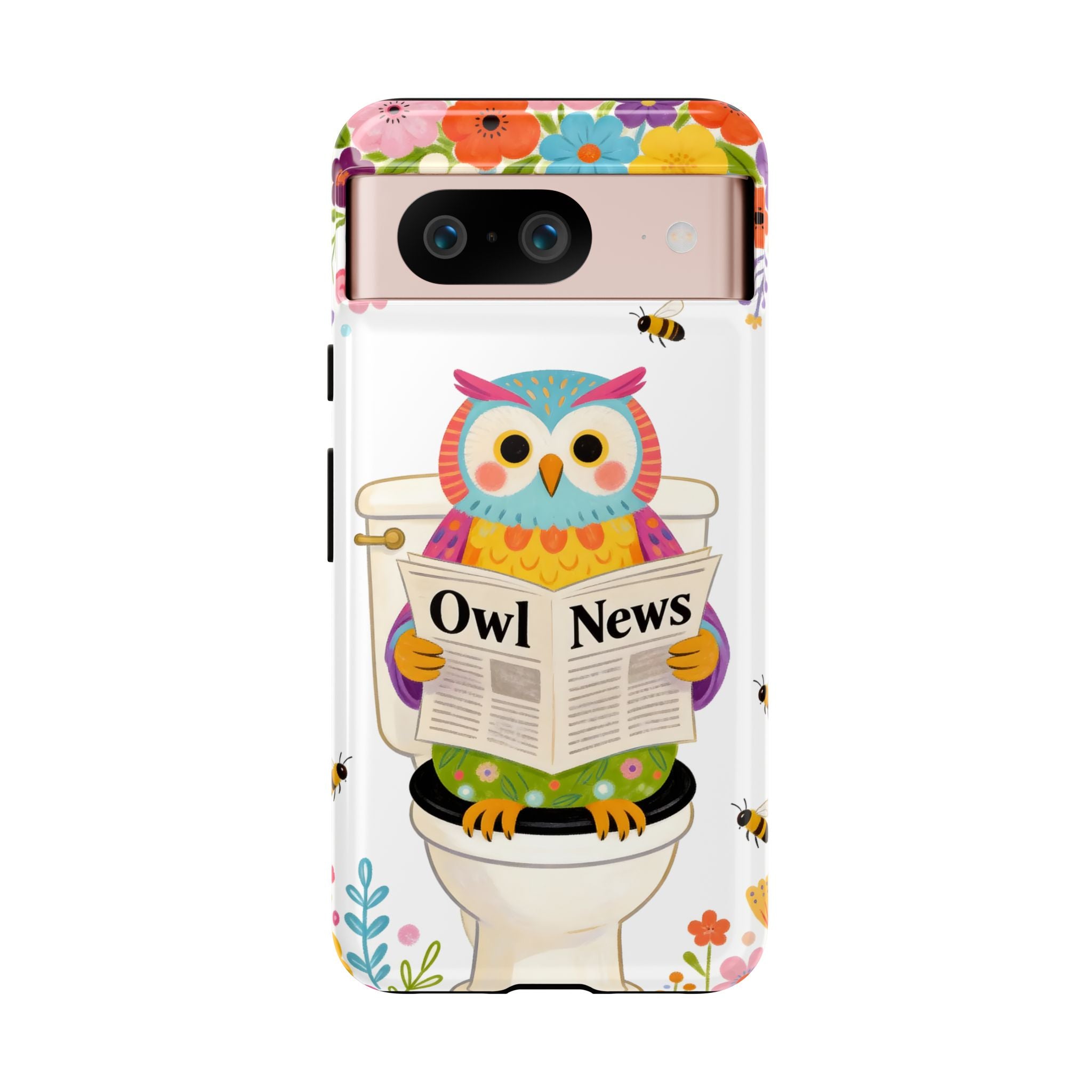 Owl News Floral Google Pixel Phone Case | Cute Owl Reading Newspaper on Toilet
