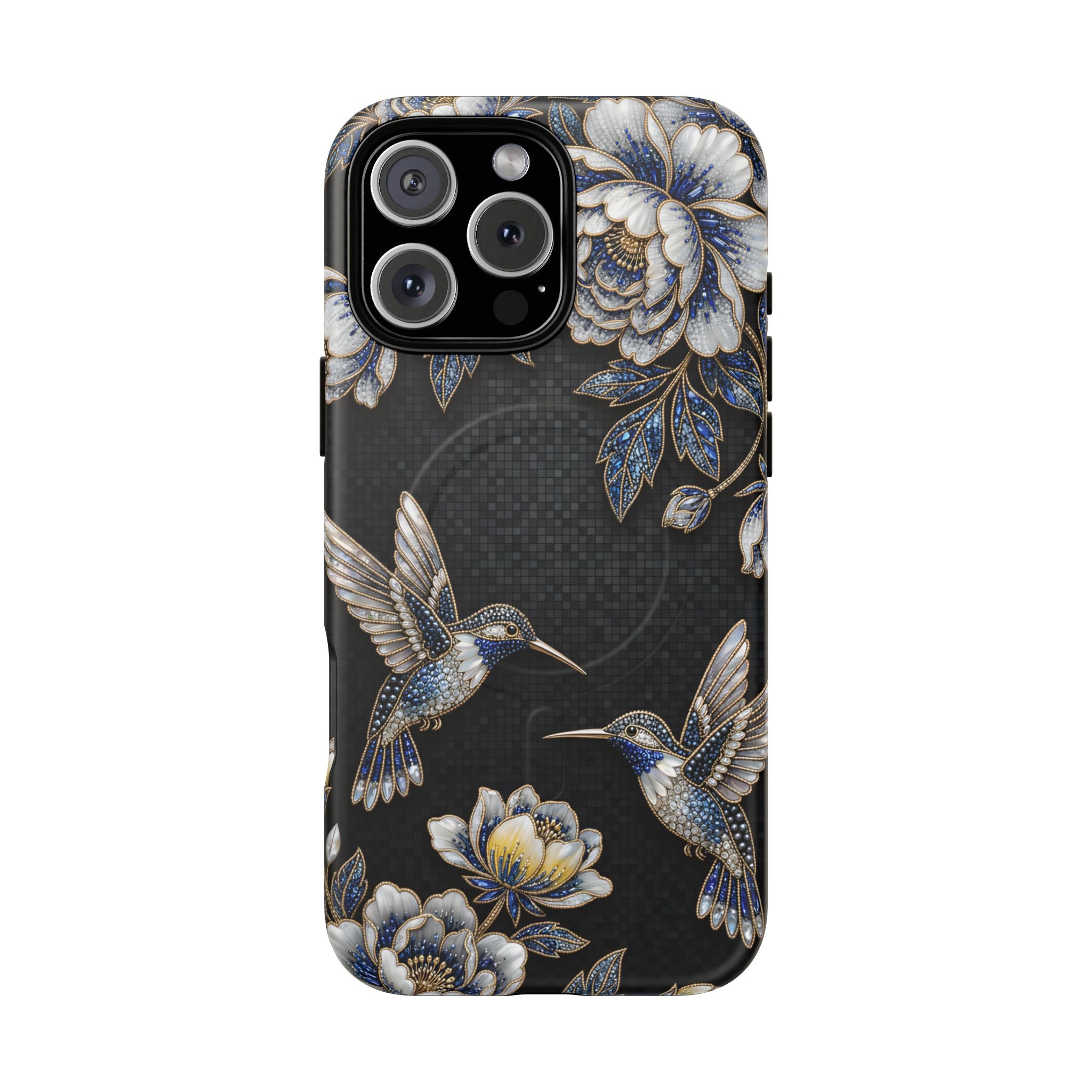 Hummingbird & Peony Floral MagSafe iPhone Case | Elegant Black Protective Cover