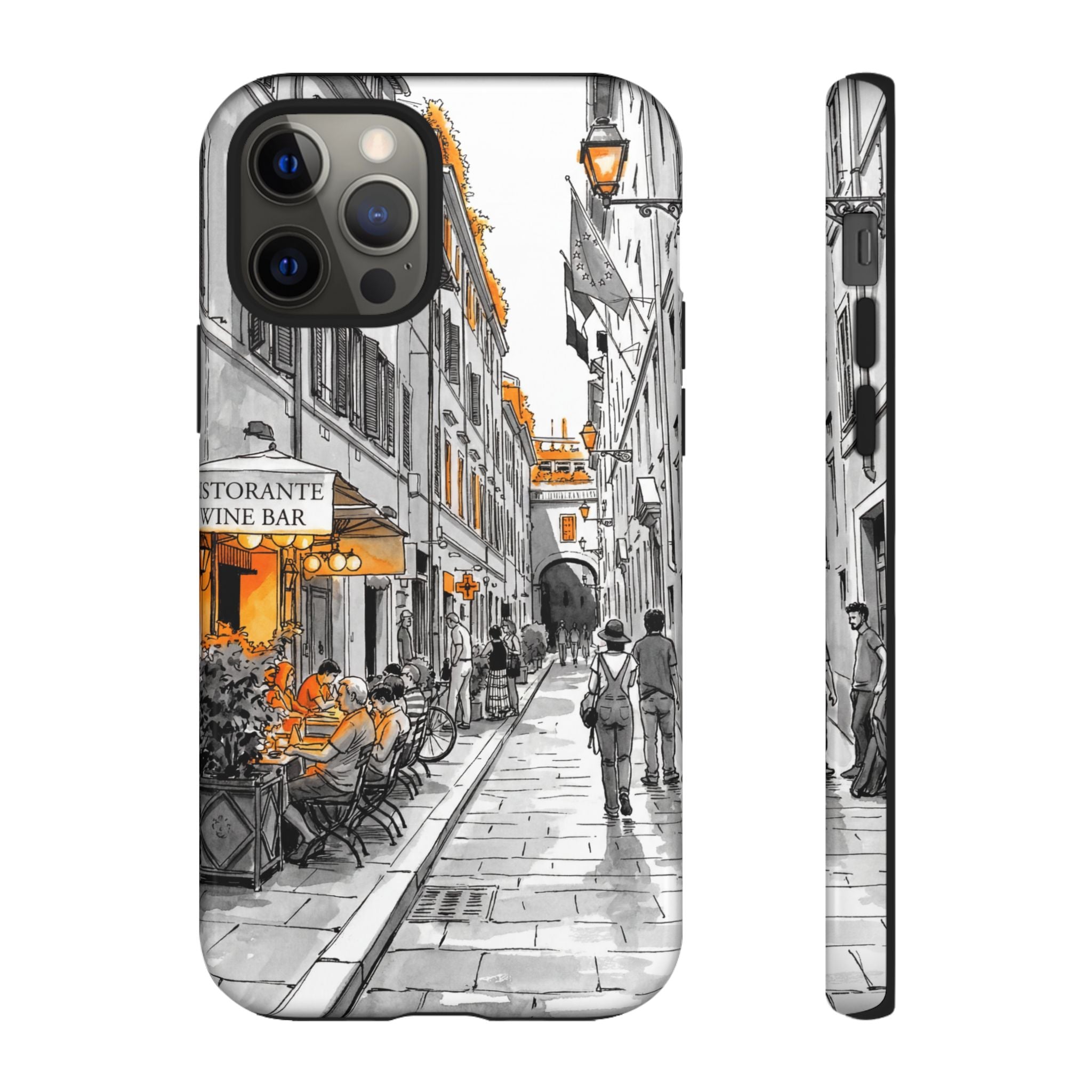 Vintage Italy Street iPhone Case | Black & White Sketch with Orange Accent