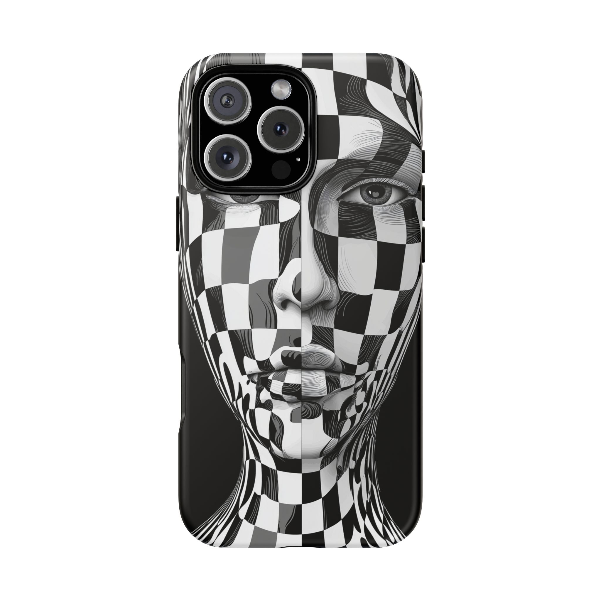 Checkerboard Face Tough iPhone Case — Black & White Surreal Art Protective Cover