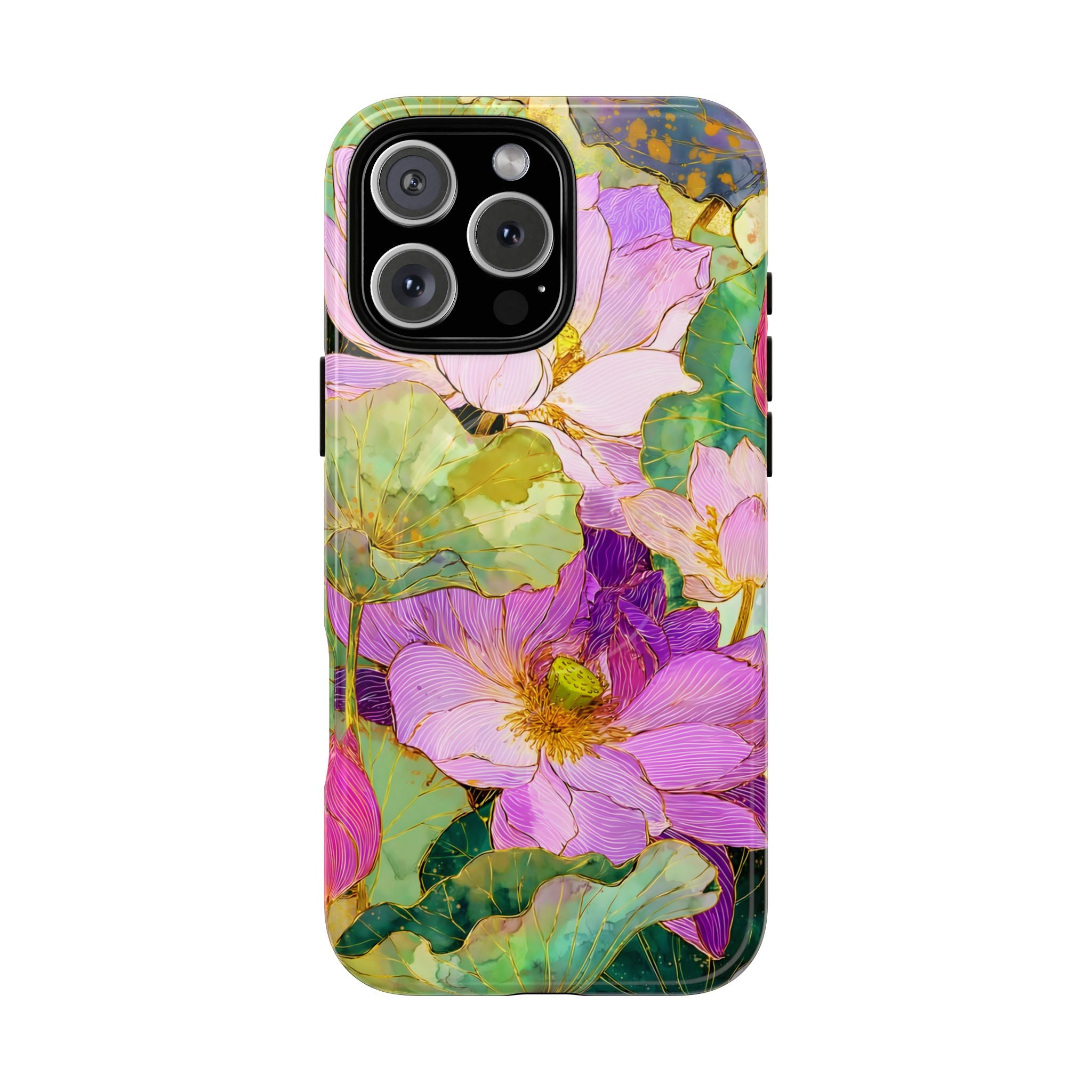 Floral Watercolor Tough MagSafe iPhone Case | Pink Lotus Garden Protective Cover