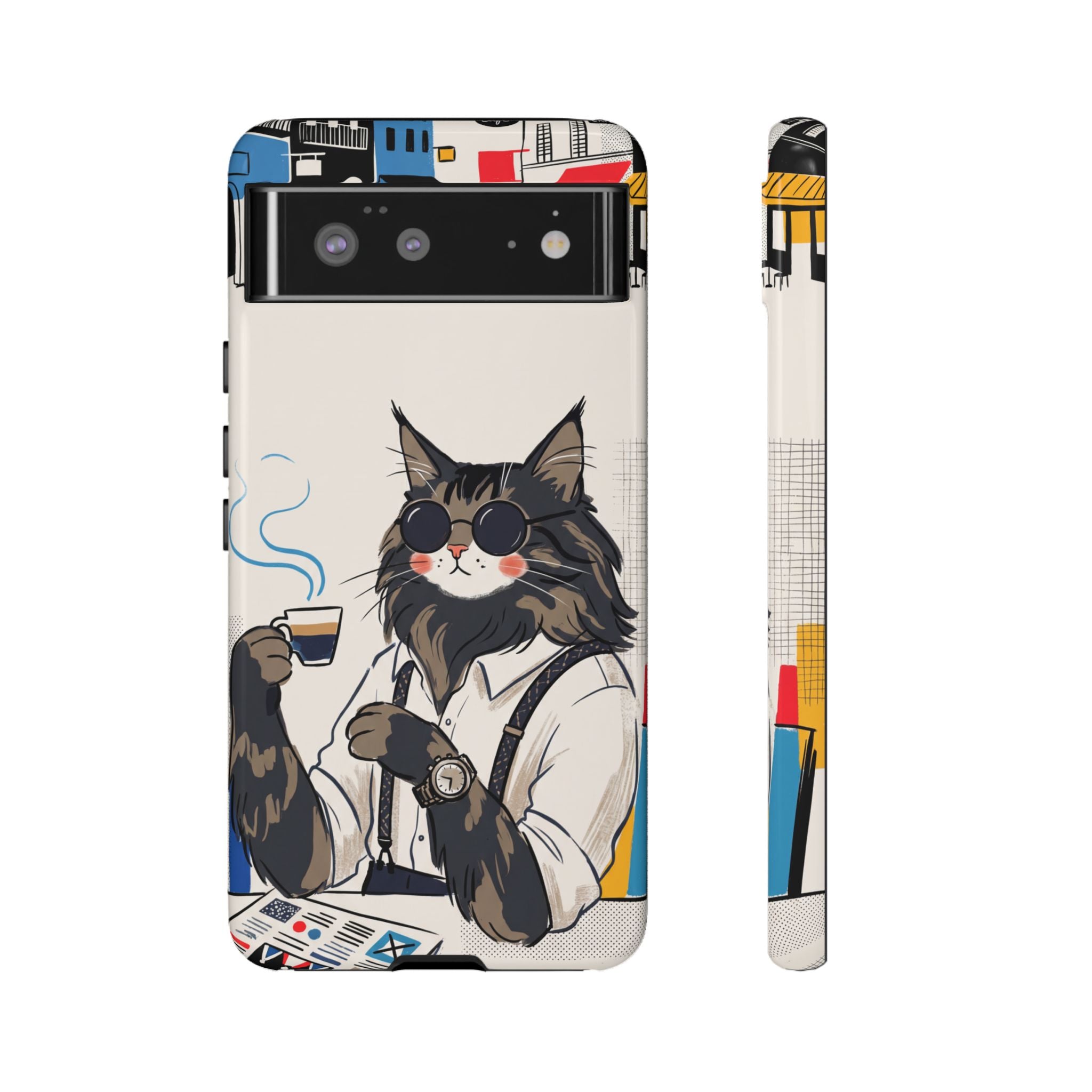 Cat Barista Google Pixel Phone Case | Cool Cat in Sunglasses Coffee Shop Design