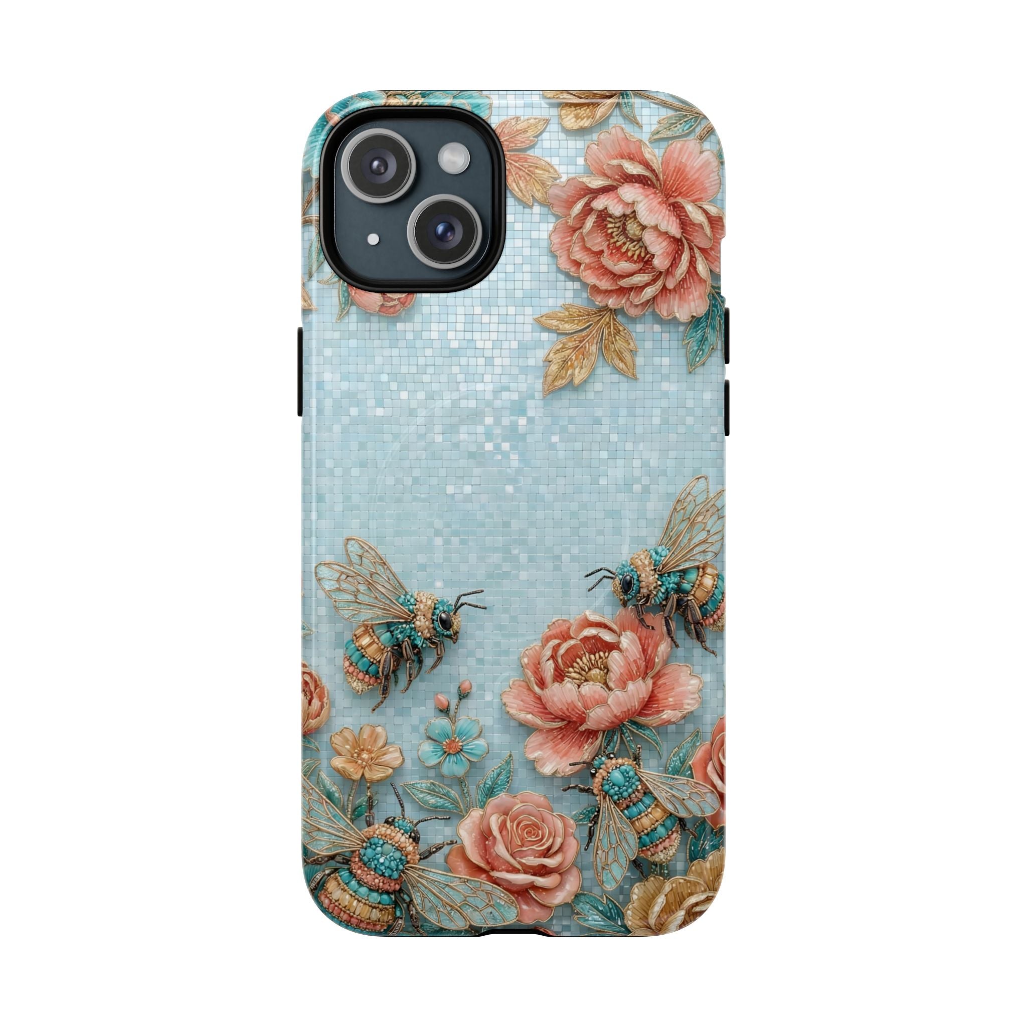 Floral Bees MagSafe iPhone Case | Vintage Rose & Turquoise Protective Cover