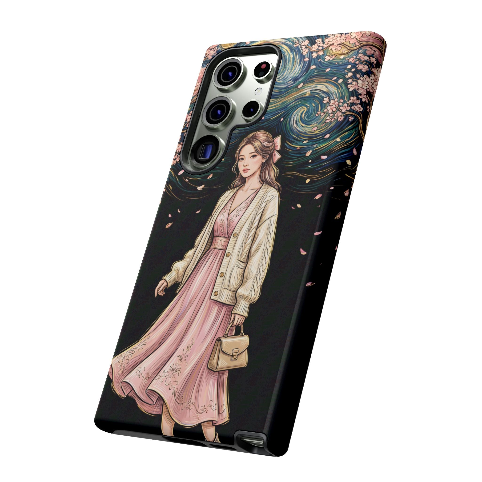 Floral Starry Night Samsung Galaxy Phone Case | Elegant Girl in Pink Dress