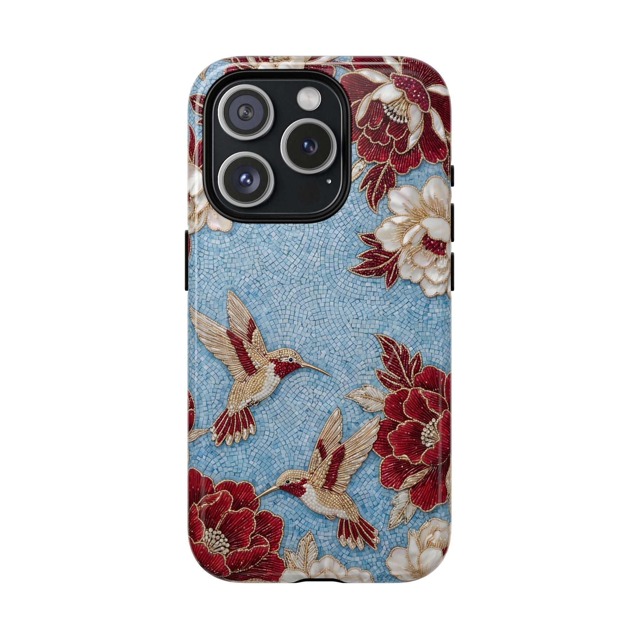 Floral Hummingbird Tough MagSafe iPhone Case | Vintage Blue & Burgundy Botanical Design