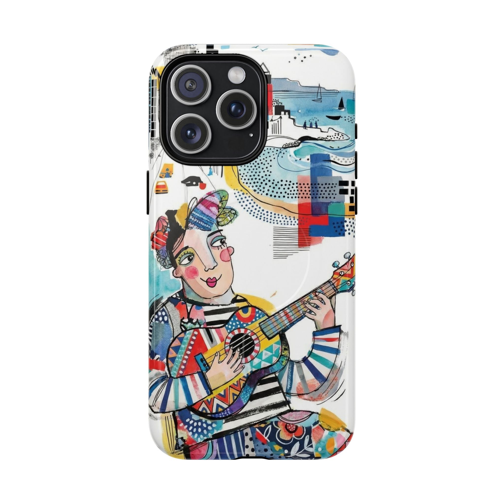 Artistic Musician MagSafe iPhone Case | Colorful Guitar Cityscape Tough Case