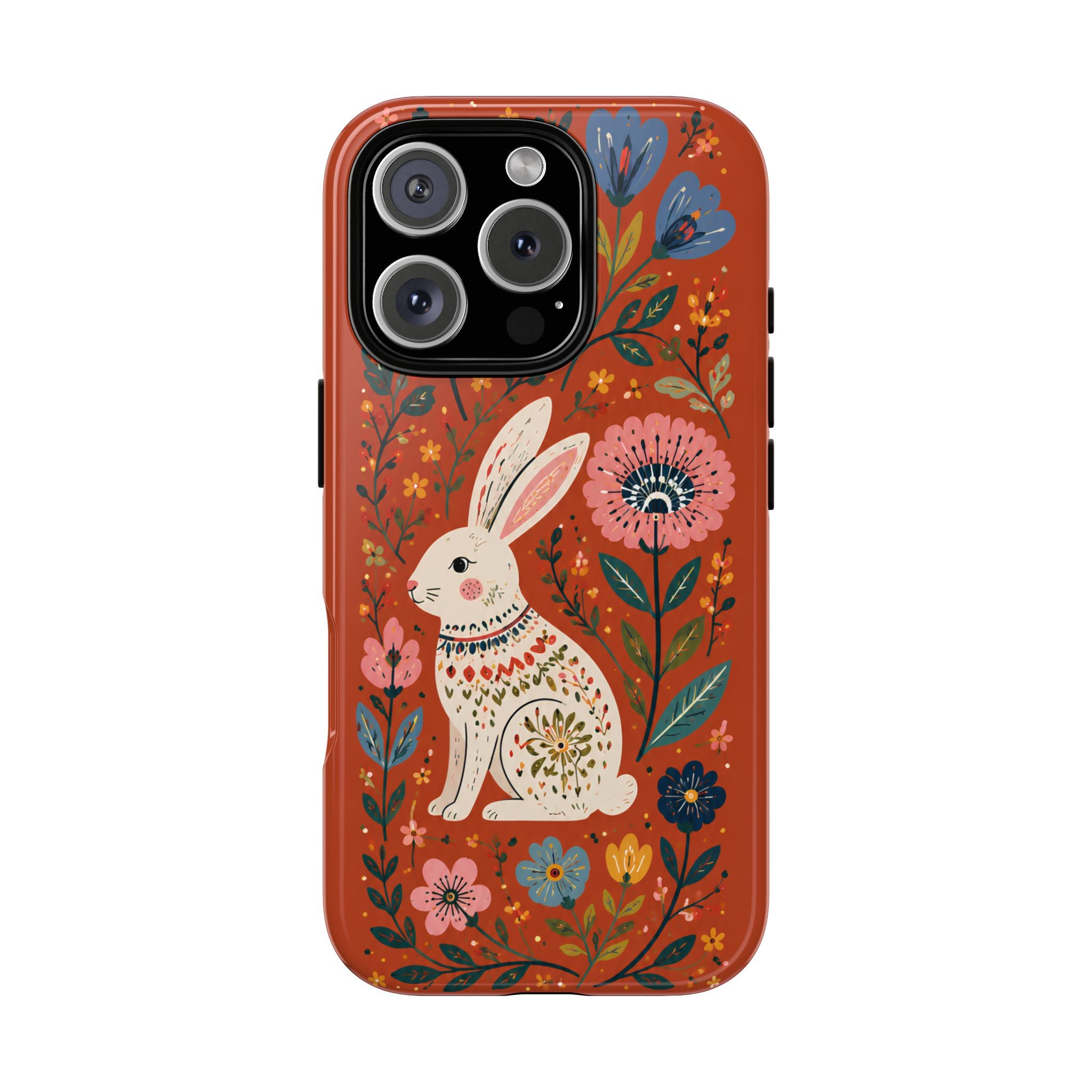 Floral Rabbit Tough iPhone Case | Protective Phone Case with Folk Art Bunny Design