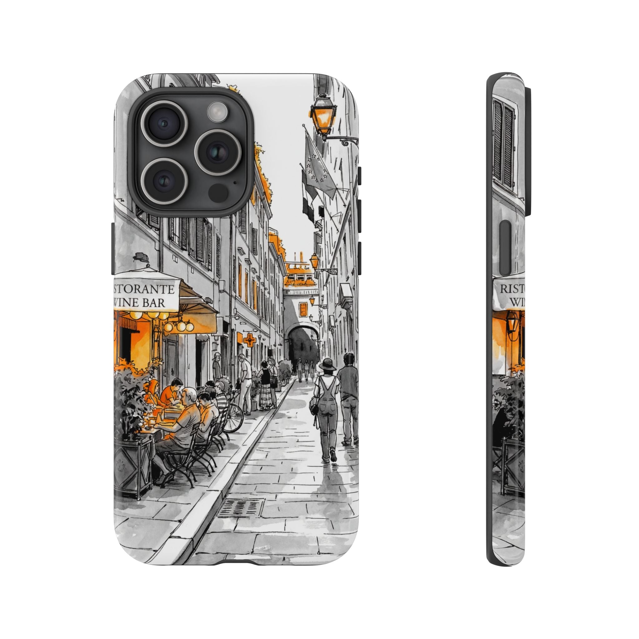 Vintage Italy Street iPhone Case | Black & White Sketch with Orange Accent