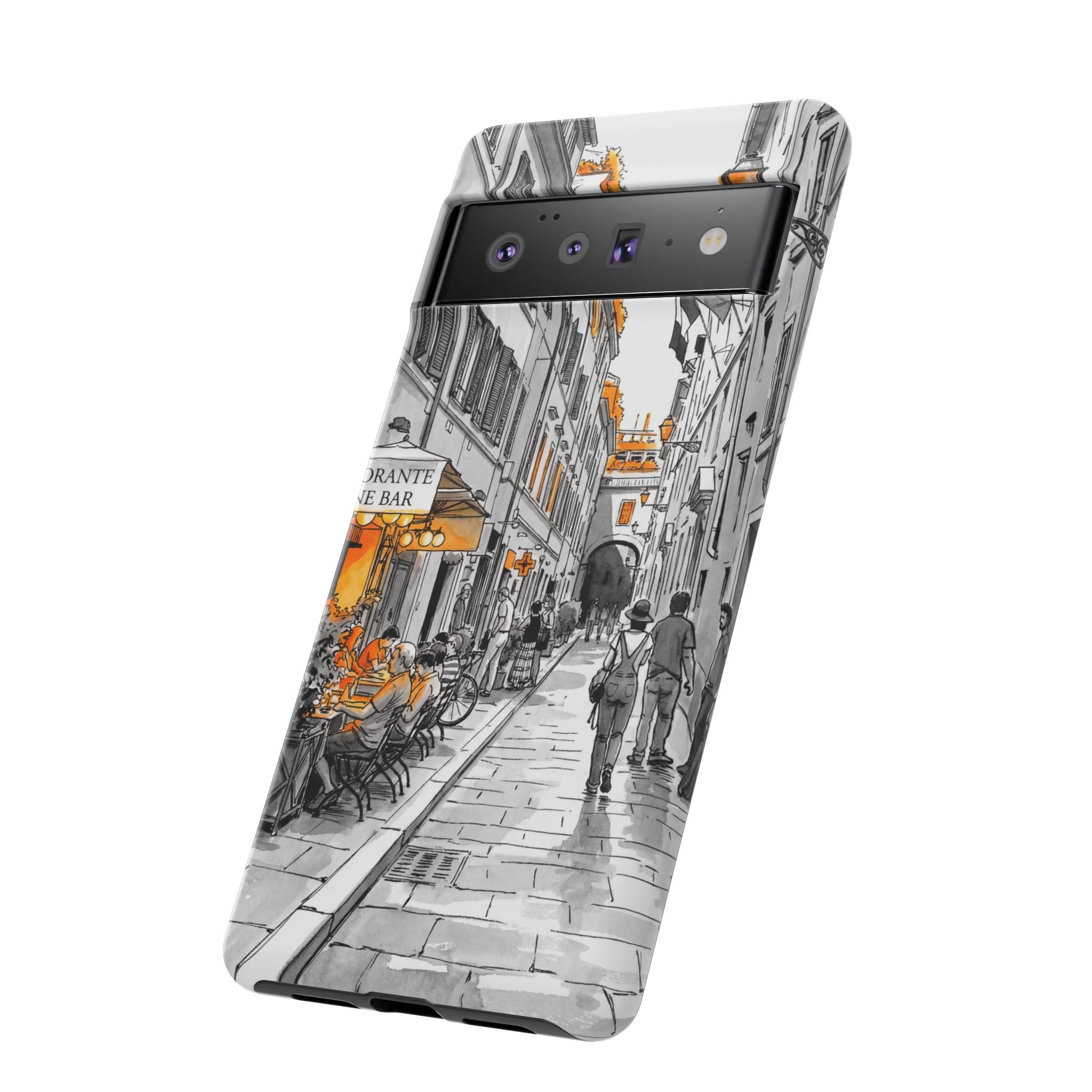 Cover Google Pixel Italy Street | Schizzo vintage di caffè italiano con dettagli arancioni
