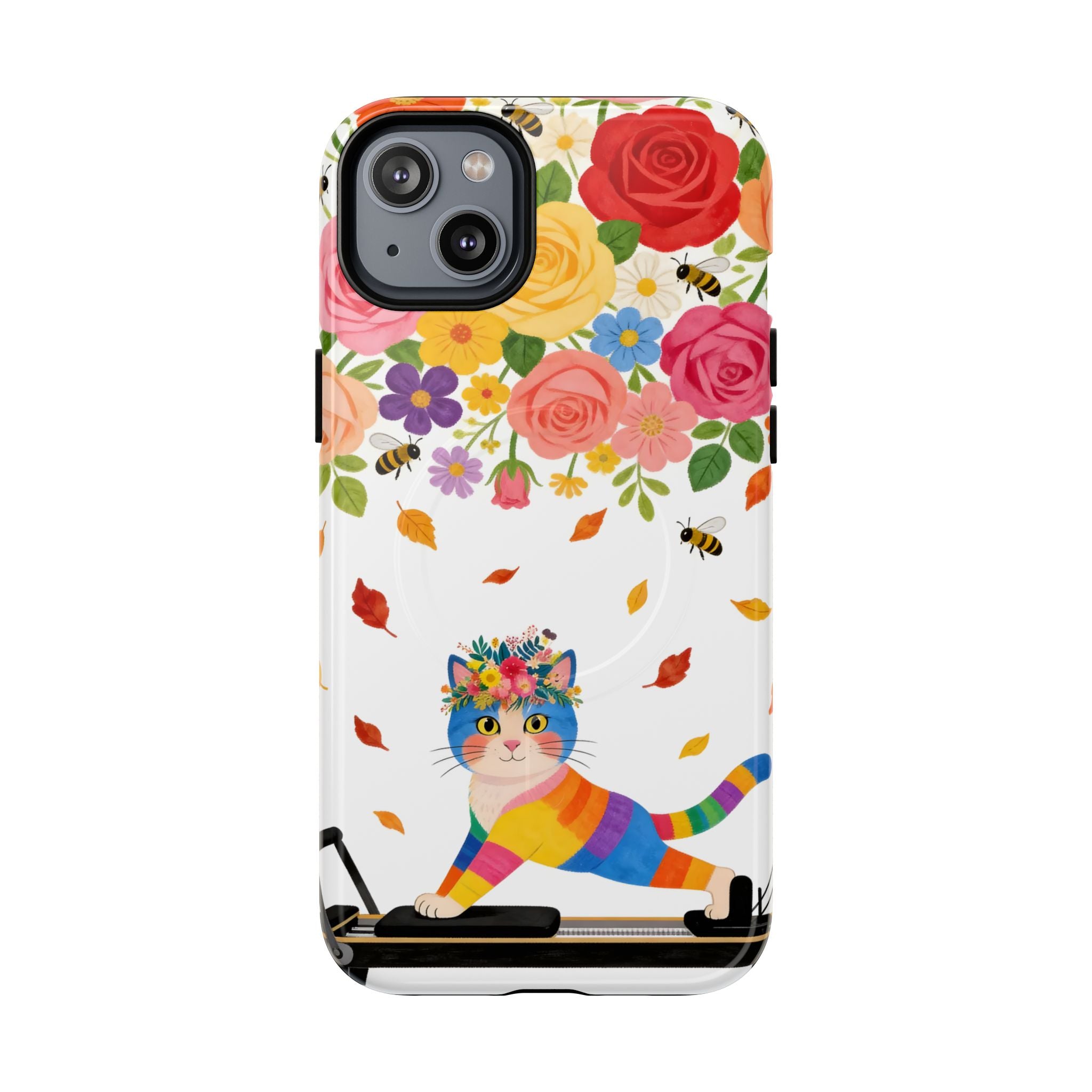 Floral Rainbow Cat Tough MagSafe iPhone Case — Colorful Pilates Cat Design