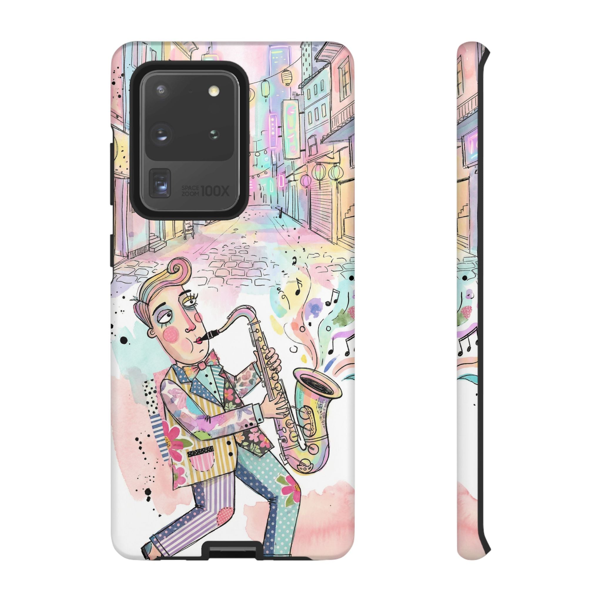 Sax Player Art Samsung Galaxy Phone Case | Pastel Jazz Street Illustration