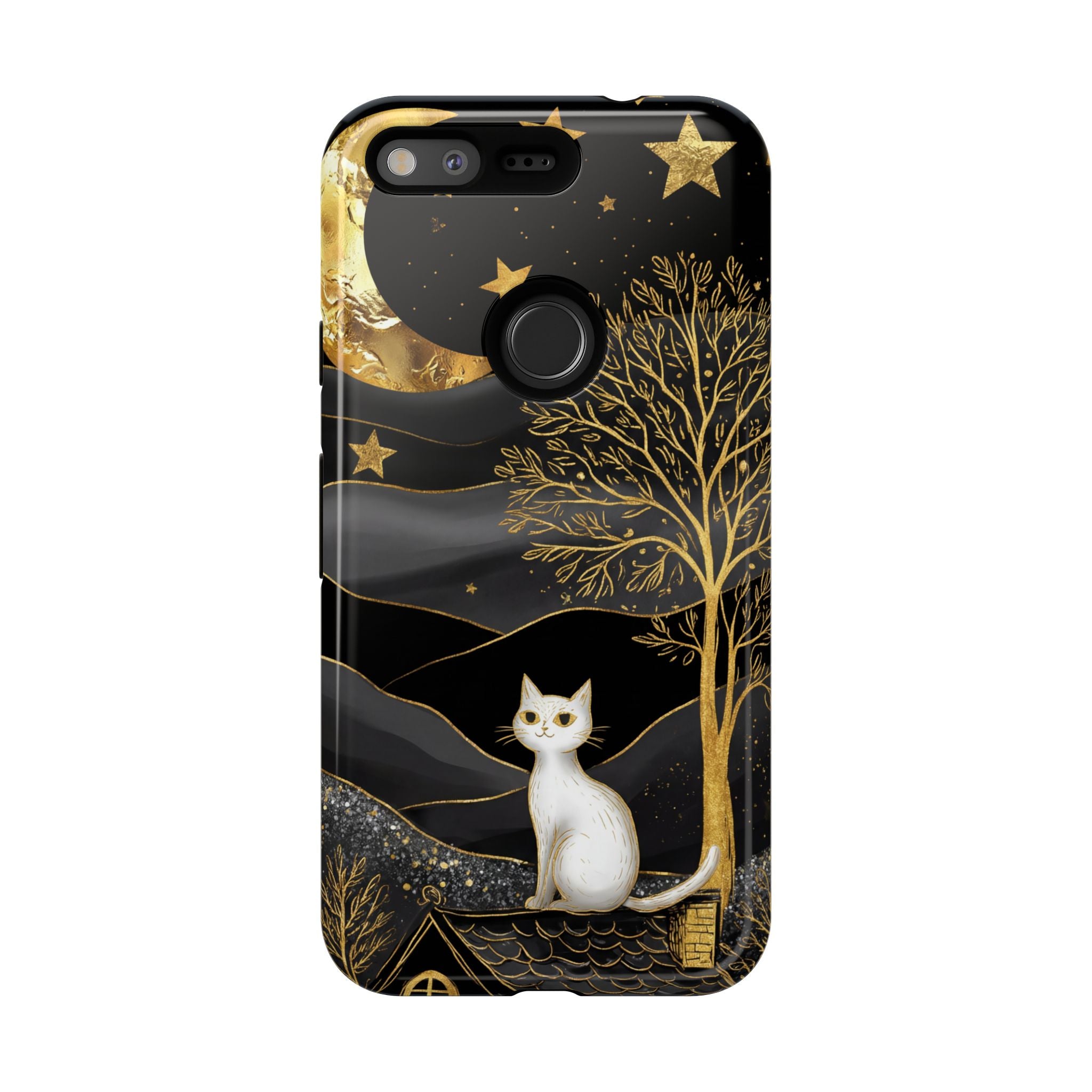 Mystic Night Cat Google Pixel Case | Gold Tree & Stars Tough Case