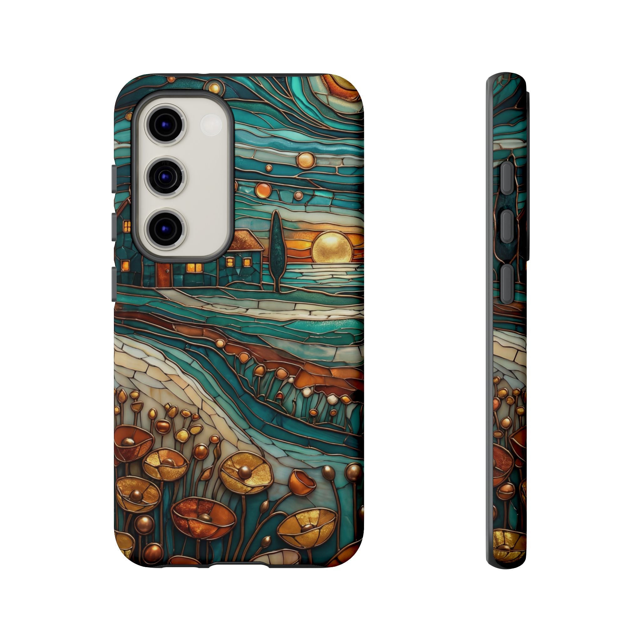 Artistic Sunset Cottage Samsung Galaxy Case | Whimsical Floral Landscape Protective Cover