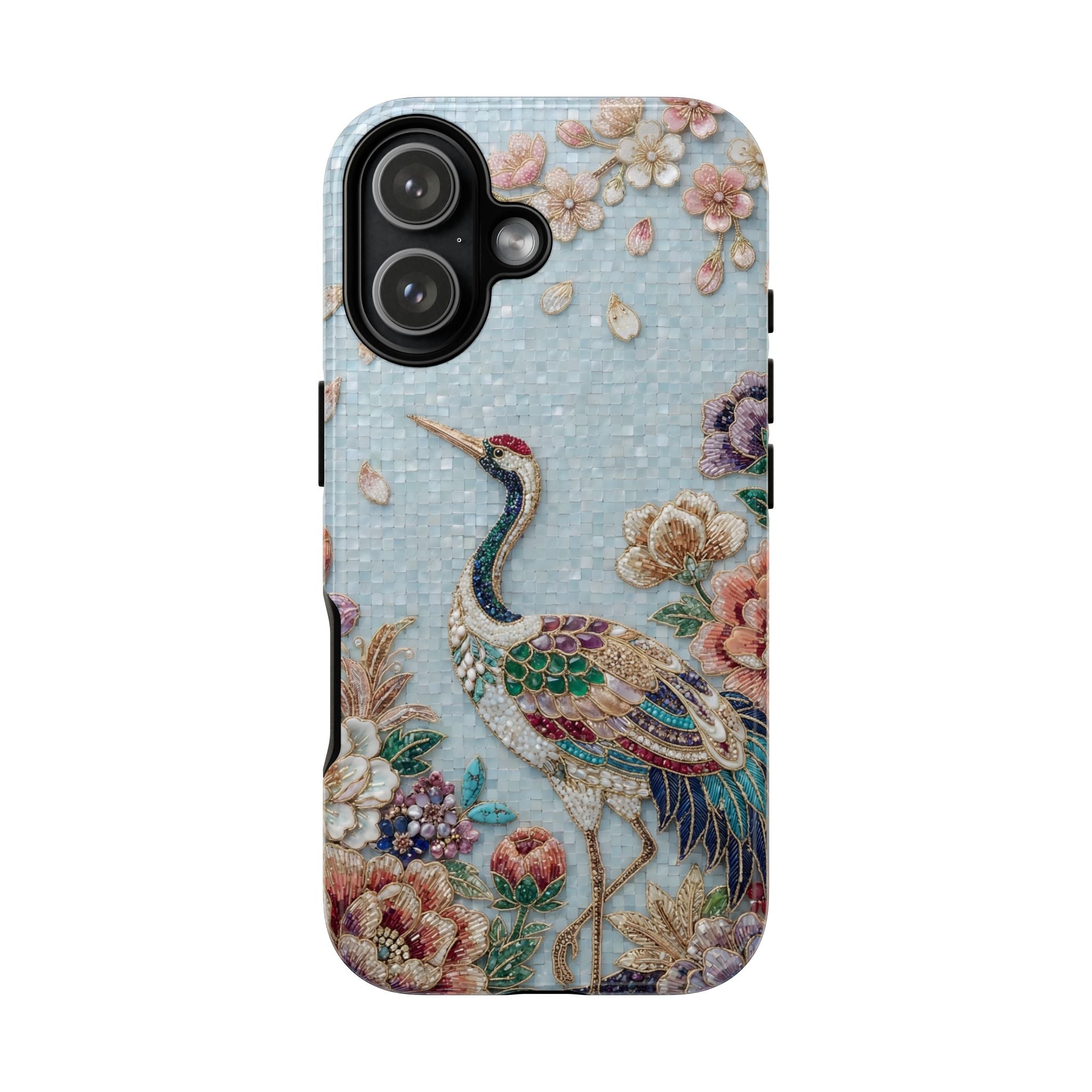 Floral Crane Tough iPhone Case | Vintage Embroidered Bird Protection