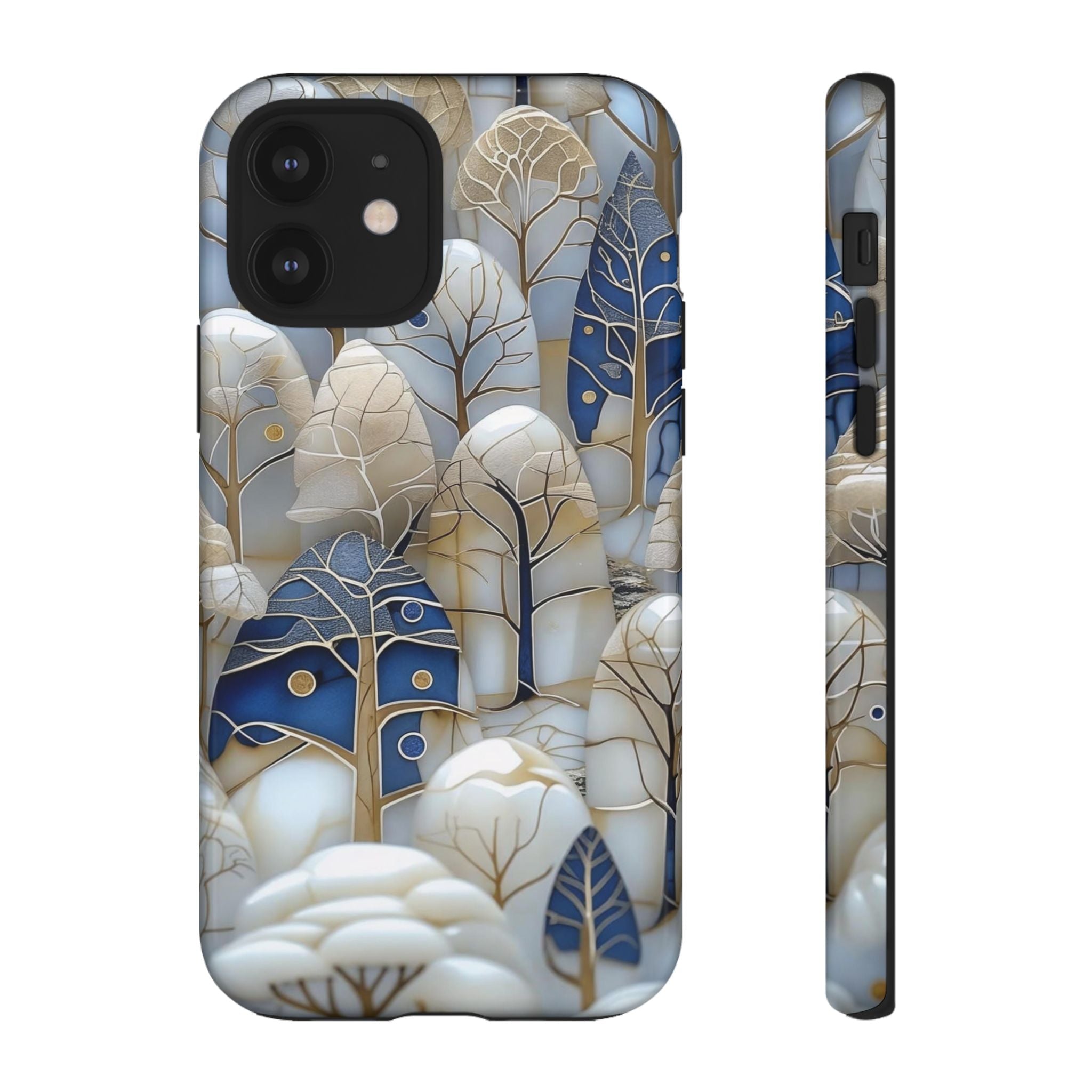 Blue Gold Winter Forest iPhone Case — Elegant Tree Pattern Tough Case