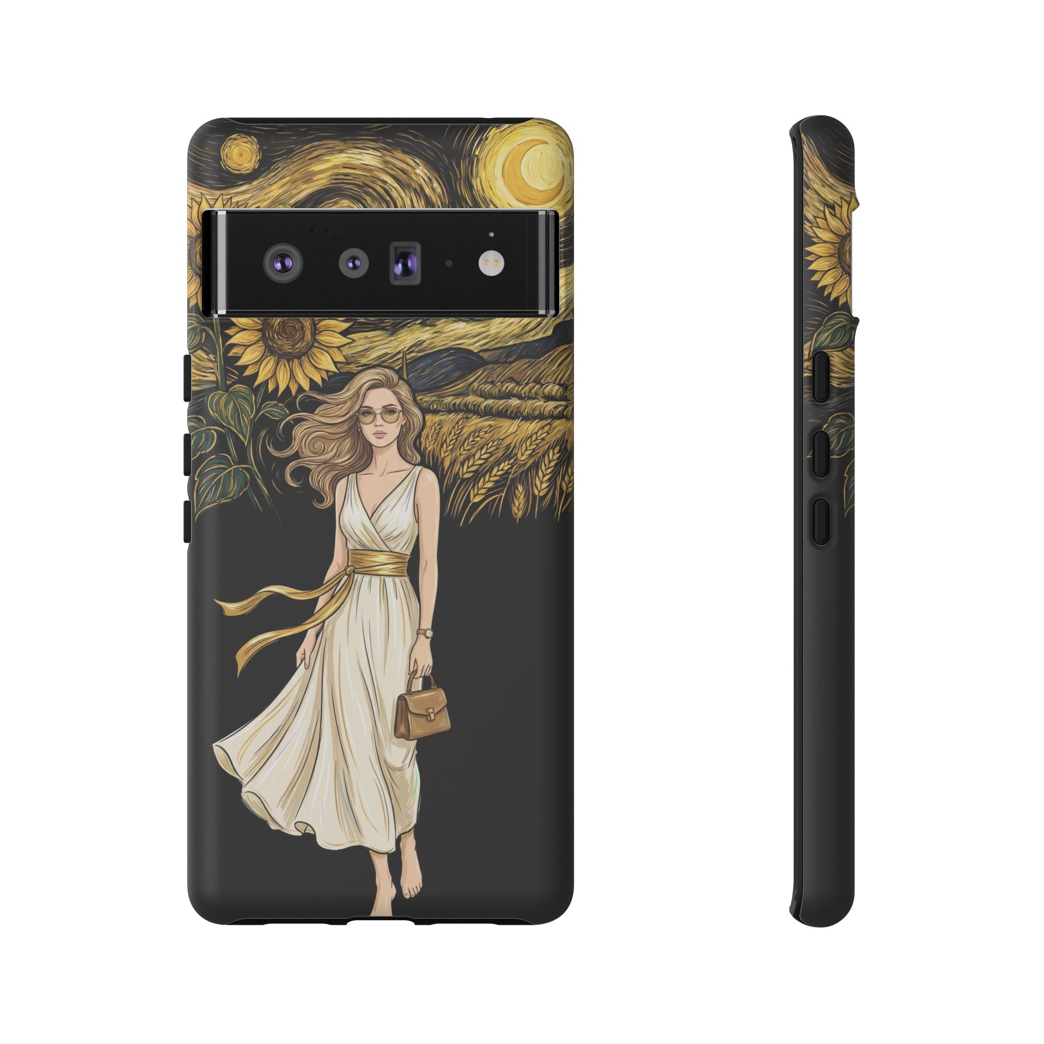 Sunflower Night Google Pixel Phone Case | Woman in Flowing Dress Van Gogh Style