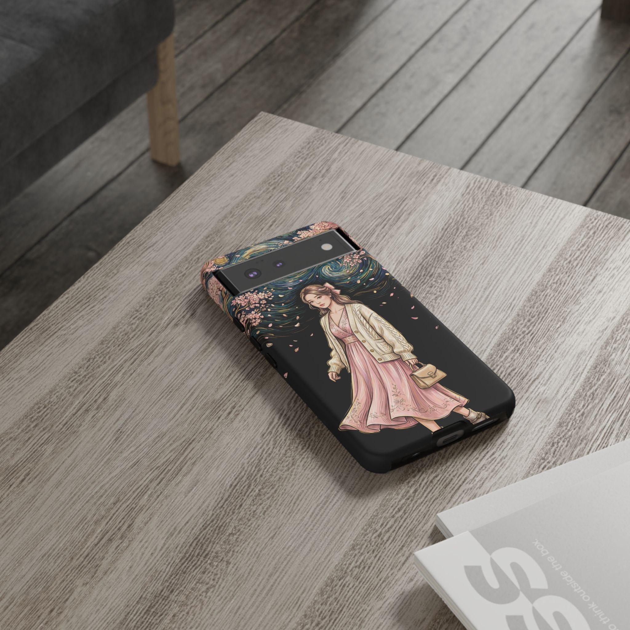 Floral Starry Night Google Pixel Phone Case | Elegant Girl in Pink Dress