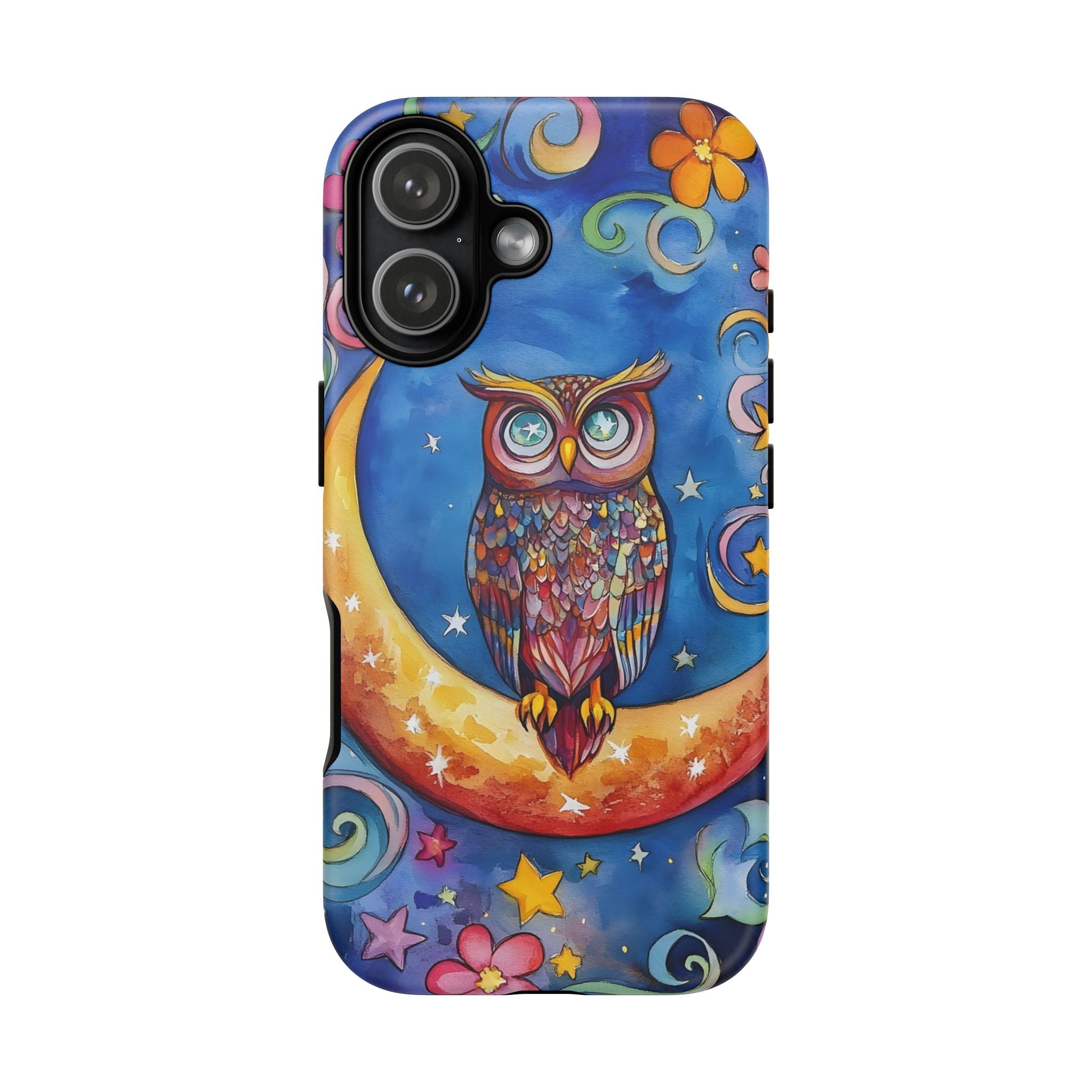 Owl on Crescent Moon iPhone Case — Colourful Whimsical Night Sky Design