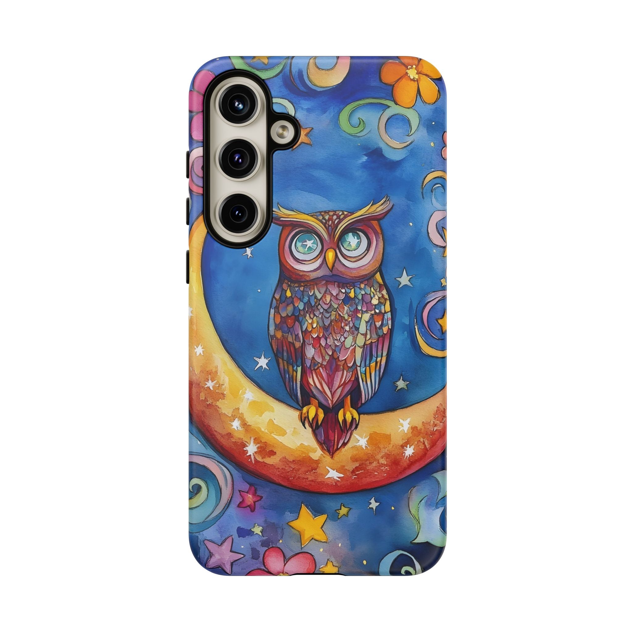 Owl on Crescent Moon Samsung Galaxy Case — Colourful Whimsical Night Sky Design