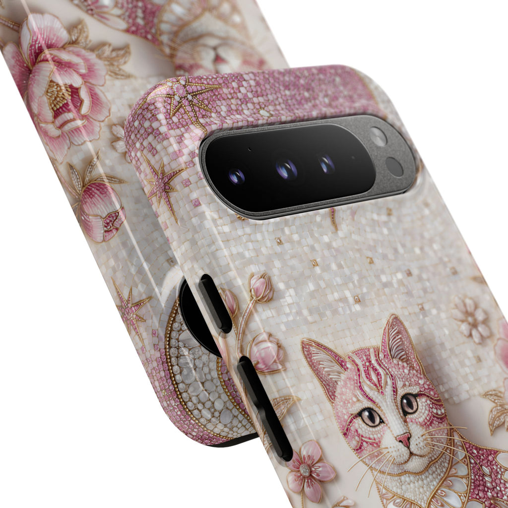 Cover per cellulare Google Pixel con gatto floreale vintage | Cover per telefono con luna rosa e rose