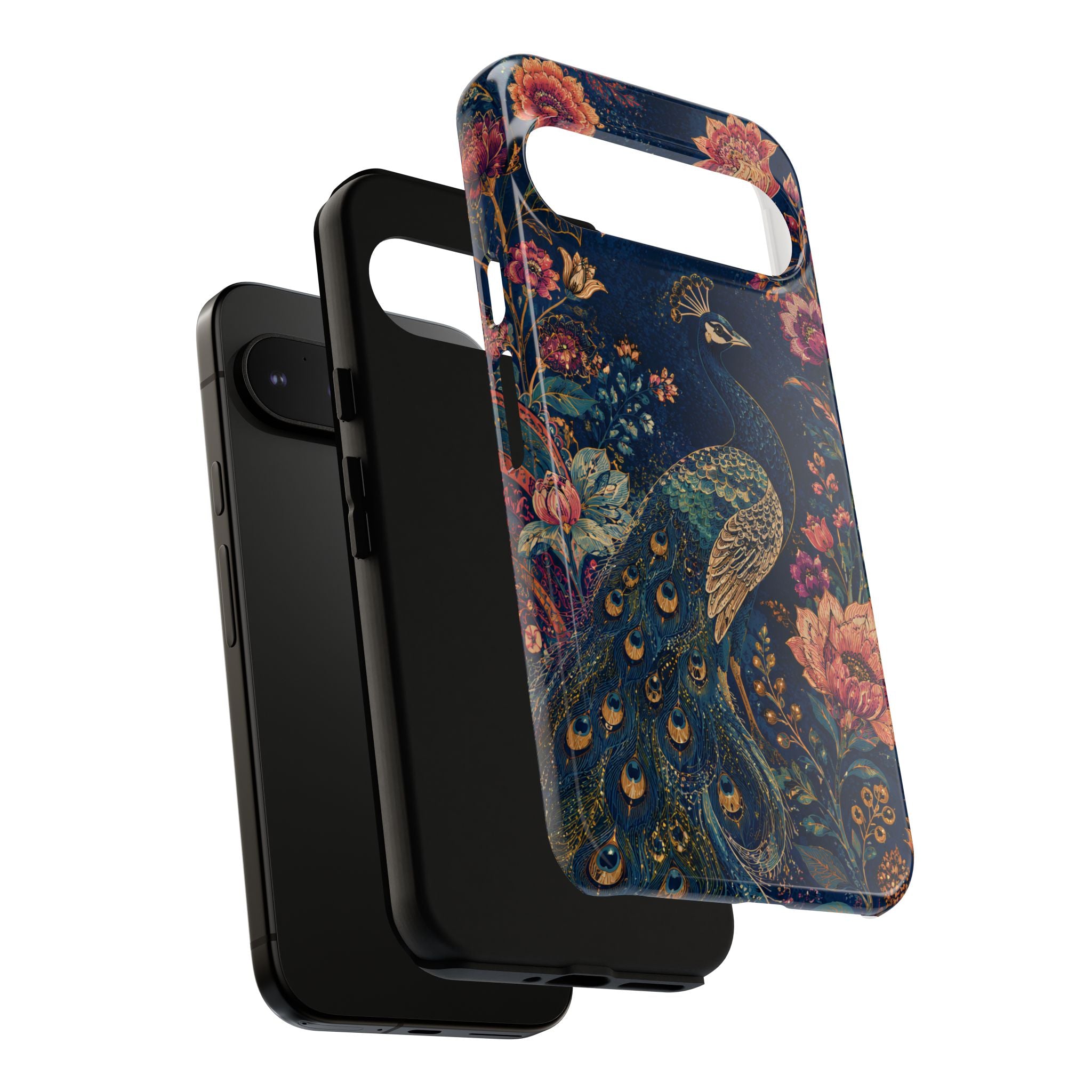 Peacock Floral Tough Google Pixel Phone Case | Antique Indigo Gold Art Cover