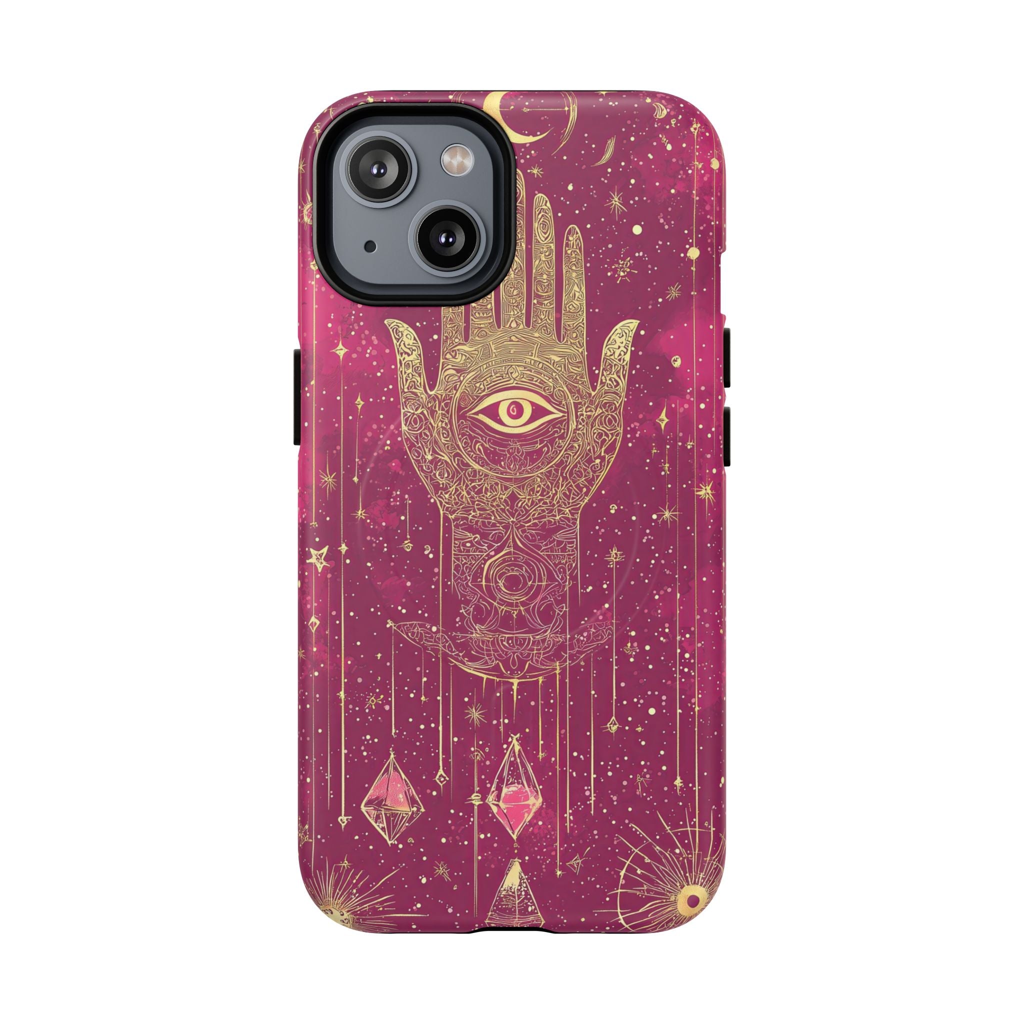 Custodia MagSafe per iPhone Mystic Hamsa | Palma dorata e occhio onniveggente su galassia magenta