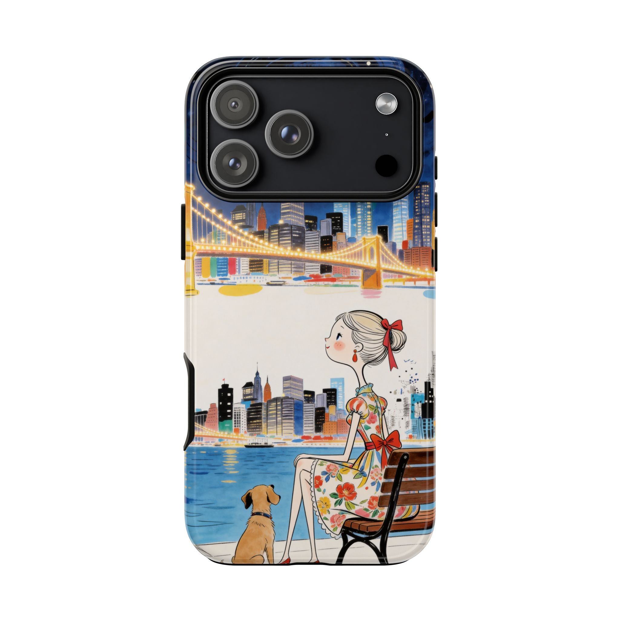 City Night iPhone Case | Cute Girl & Dog Bench Illustration