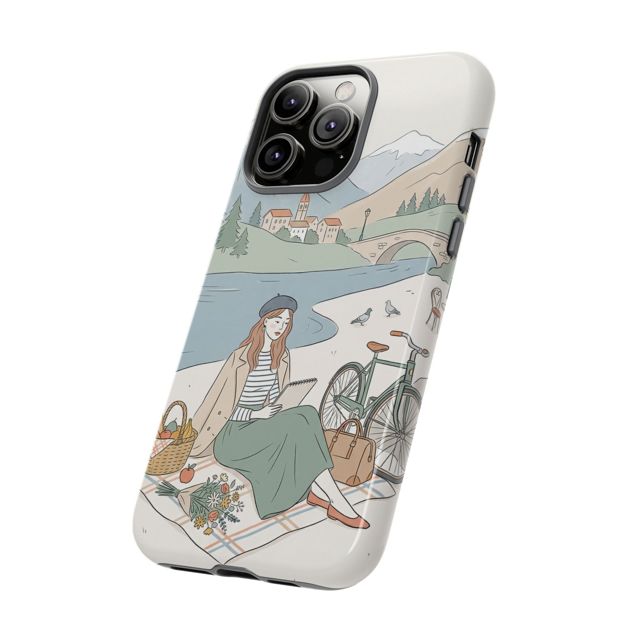 Scenic Picnic iPhone Case | Vintage Bicycle & Mountain Illustration