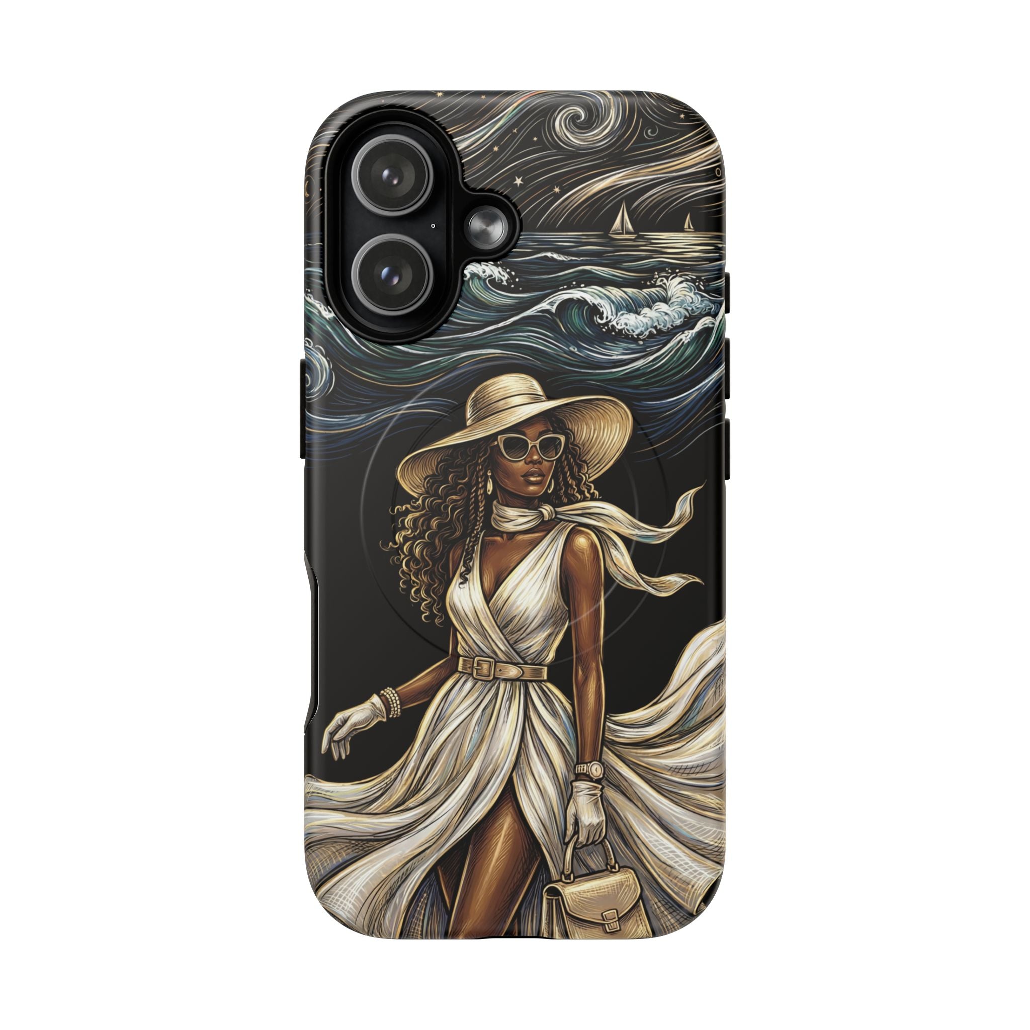 MagSafe iPhone Case | Elegant Black Woman in Flowing Dress by the Sea