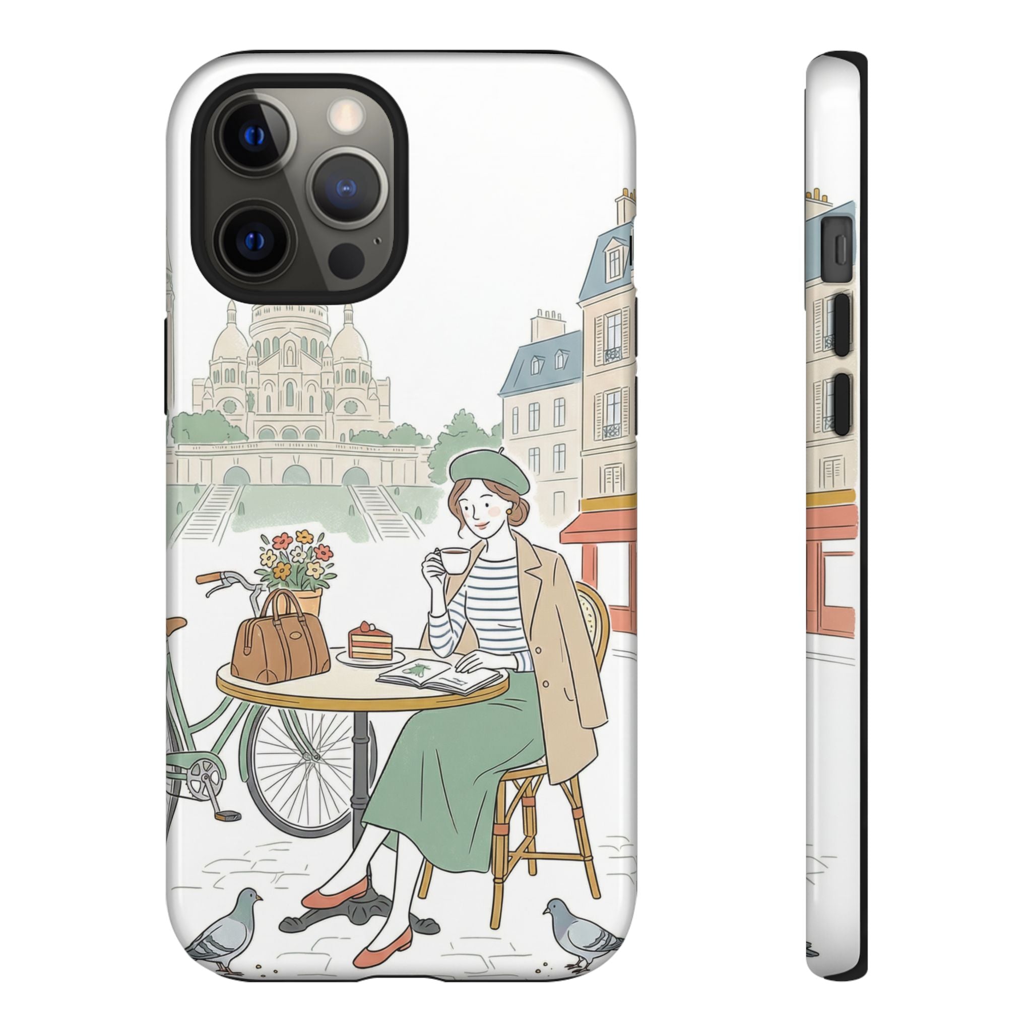 Paris Cafe Illustration iPhone Case | Vintage Bicycles & Pigeons Protective Cover