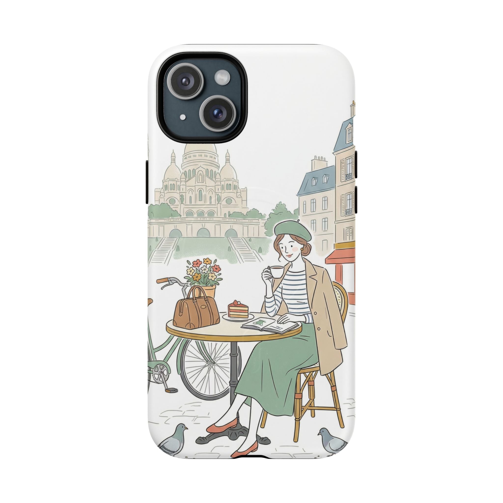 Paris Cafe Illustration MagSafe iPhone Case | Vintage Bicycles & Pigeons Protective Cover