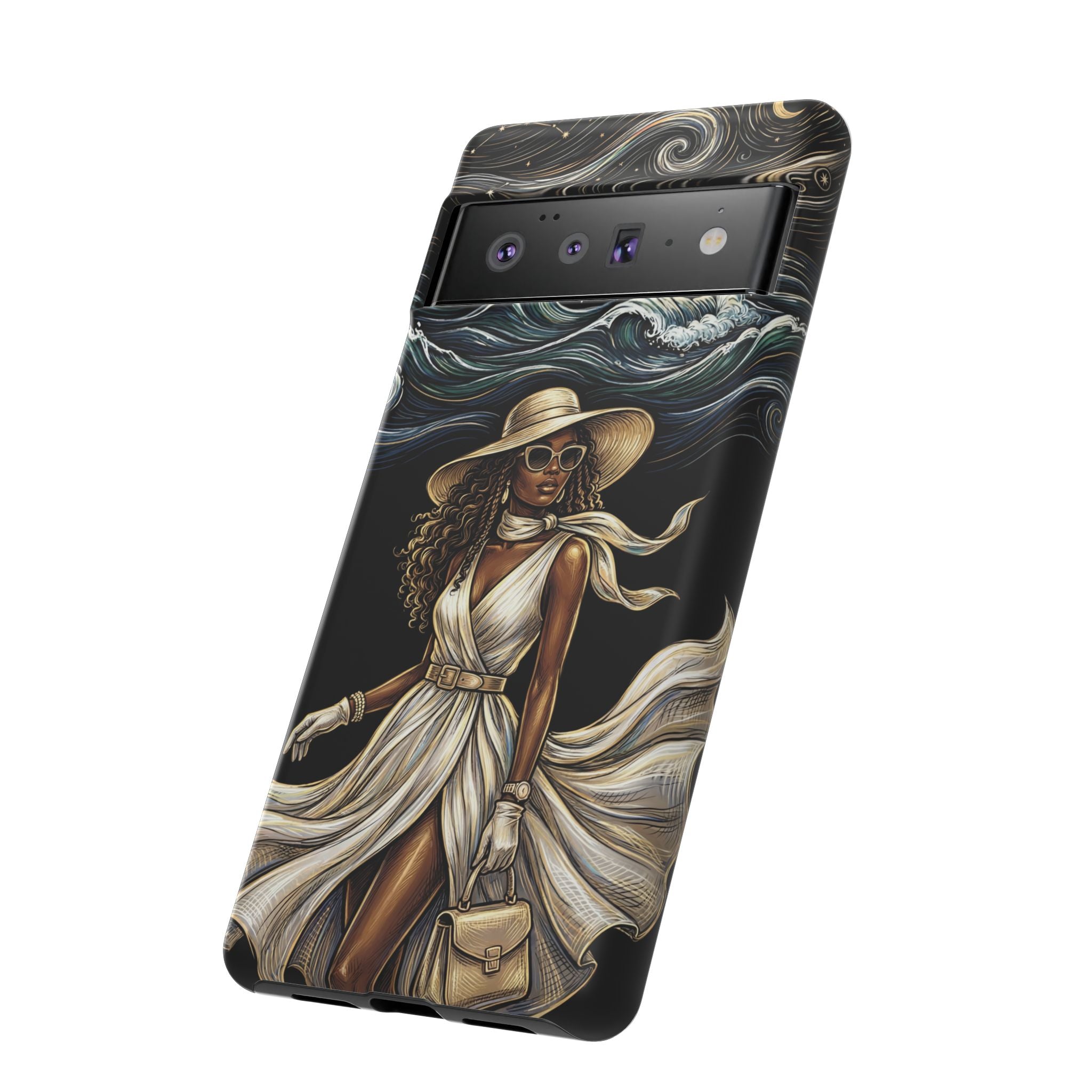 Google Pixel Phone Case | Elegant Black Woman in Flowing Dress by the Sea