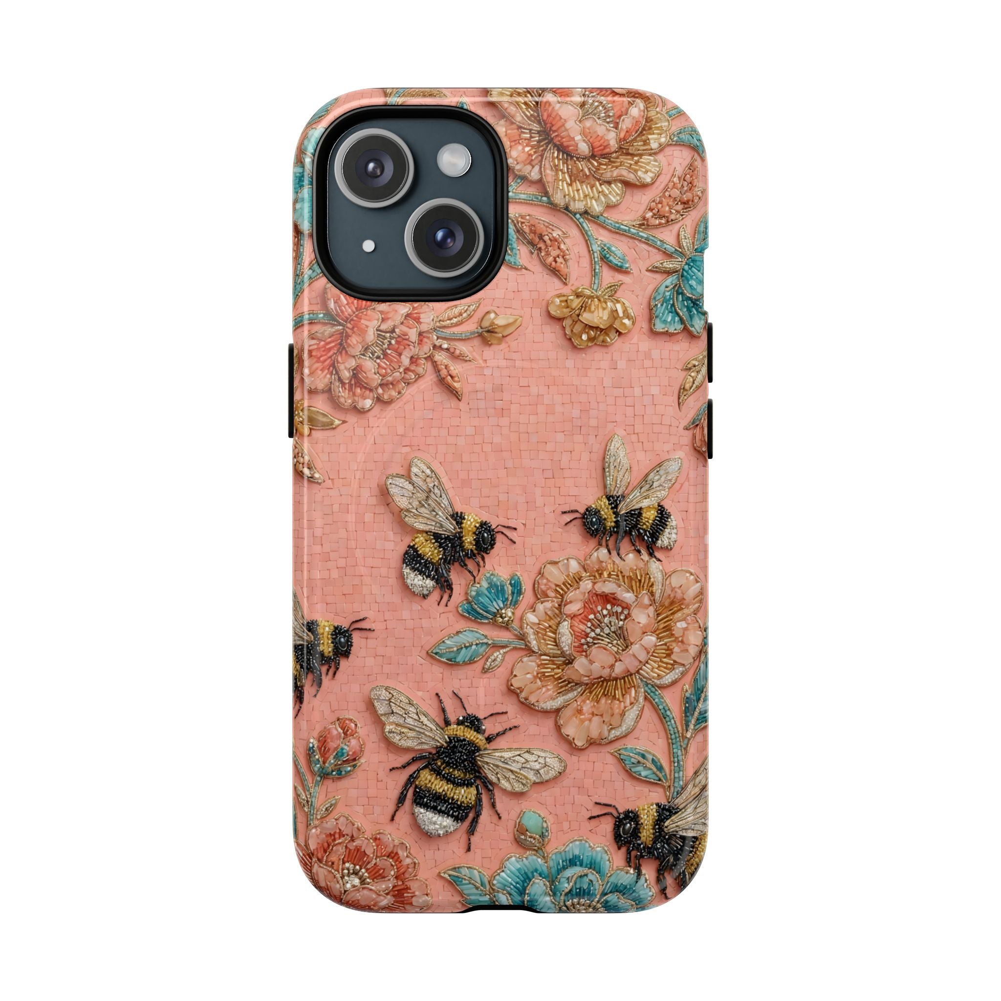Floral Bee Tough MagSafe iPhone Case | Vintage Pink Garden Protective Cover
