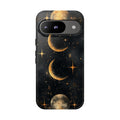 Celestial Moon Phases Tough Google Pixel Case | Gold Crescent & Full Moon Galaxy Design