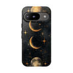 Celestial Moon Phases Tough Google Pixel Case | Gold Crescent & Full Moon Galaxy Design