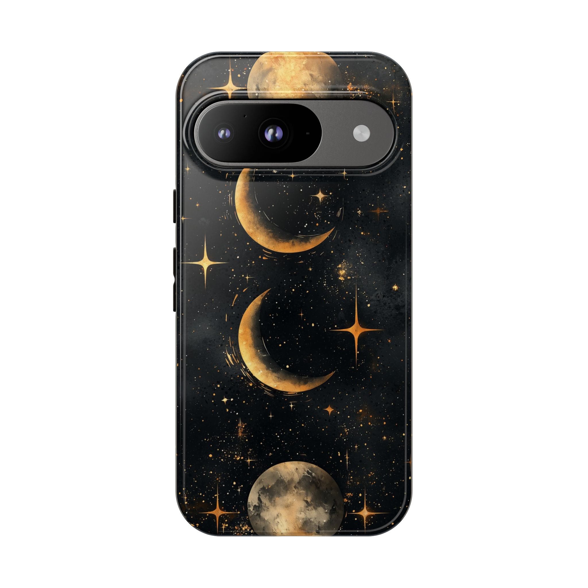 Celestial Moon Phases Tough Google Pixel Case | Gold Crescent & Full Moon Galaxy Design