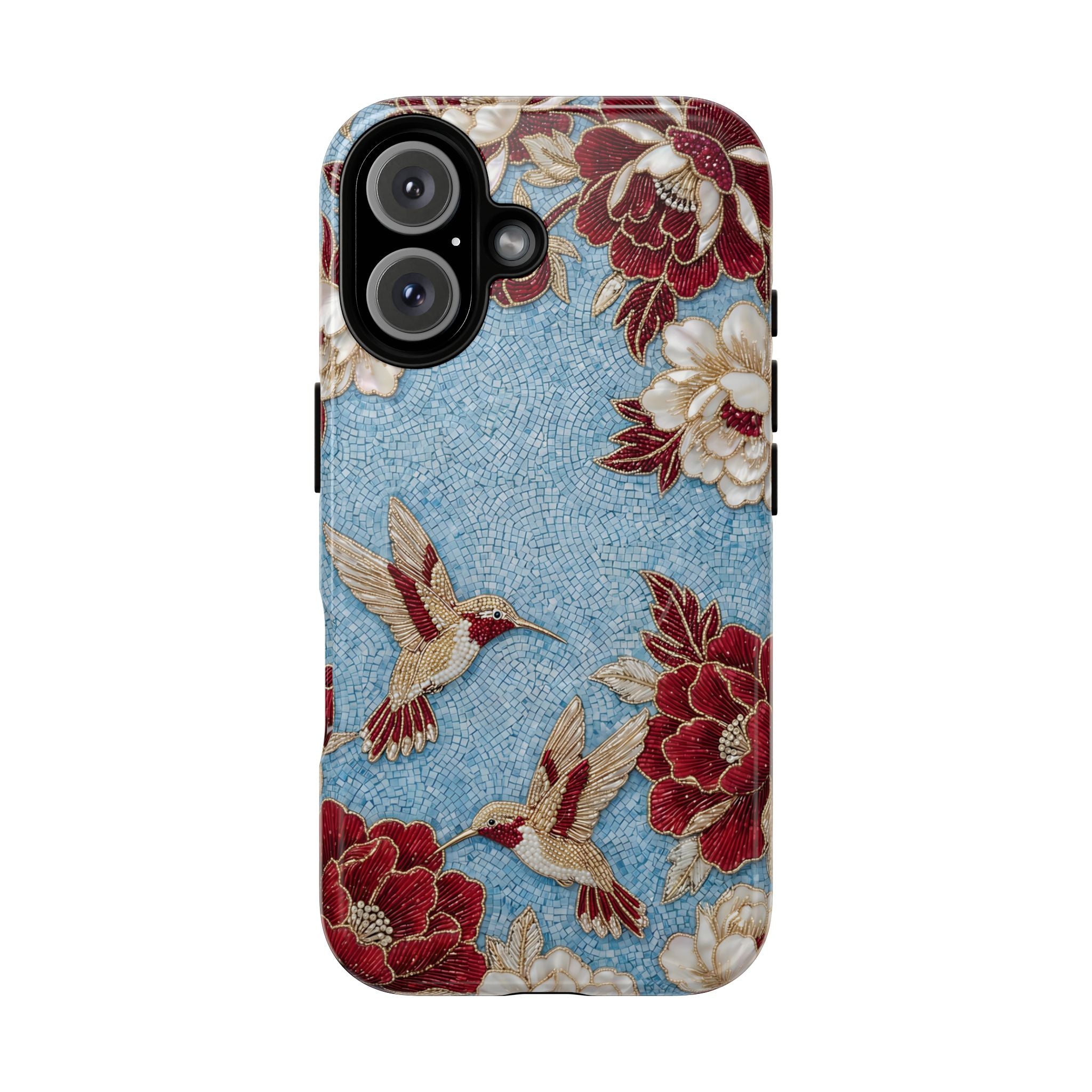 Floral Hummingbird Tough MagSafe iPhone Case | Vintage Blue & Burgundy Botanical Design