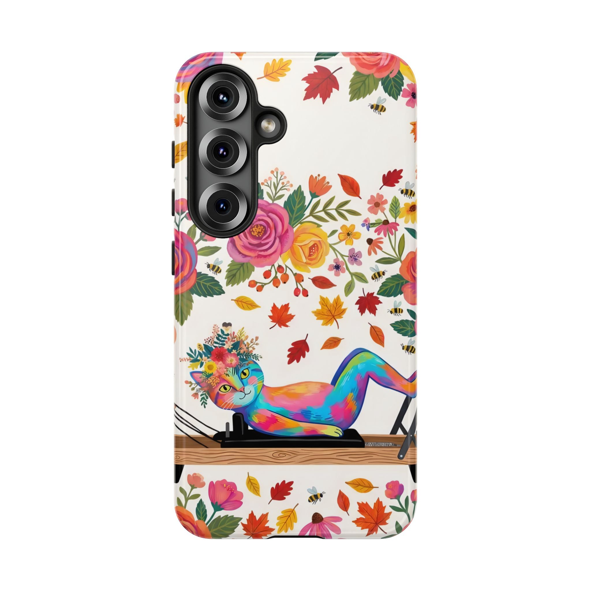Autumn Floral Pilates Samsung Galaxy Phone Case | Colorful Rainbow Pilates Figure on Falling Leaves