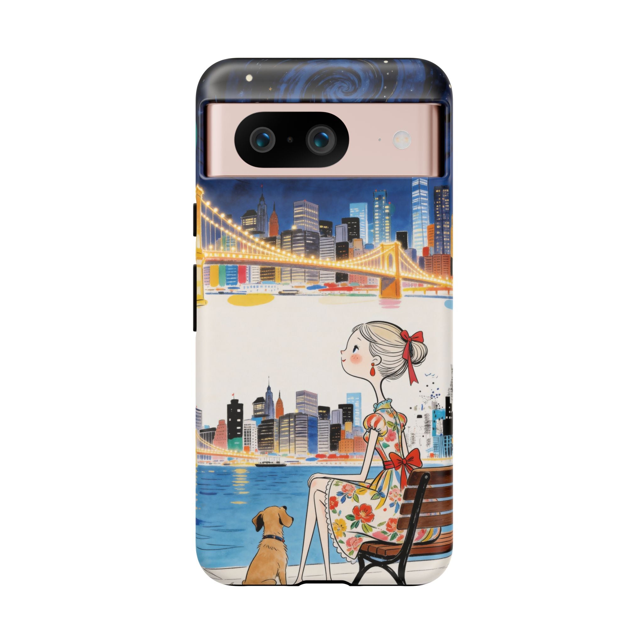 City Night Google Pixel Phone Case | Cute Girl & Dog Bench Illustration
